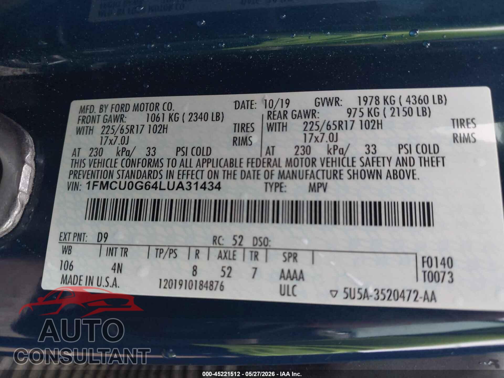FORD ESCAPE 2020 - 1FMCU0G64LUA31434