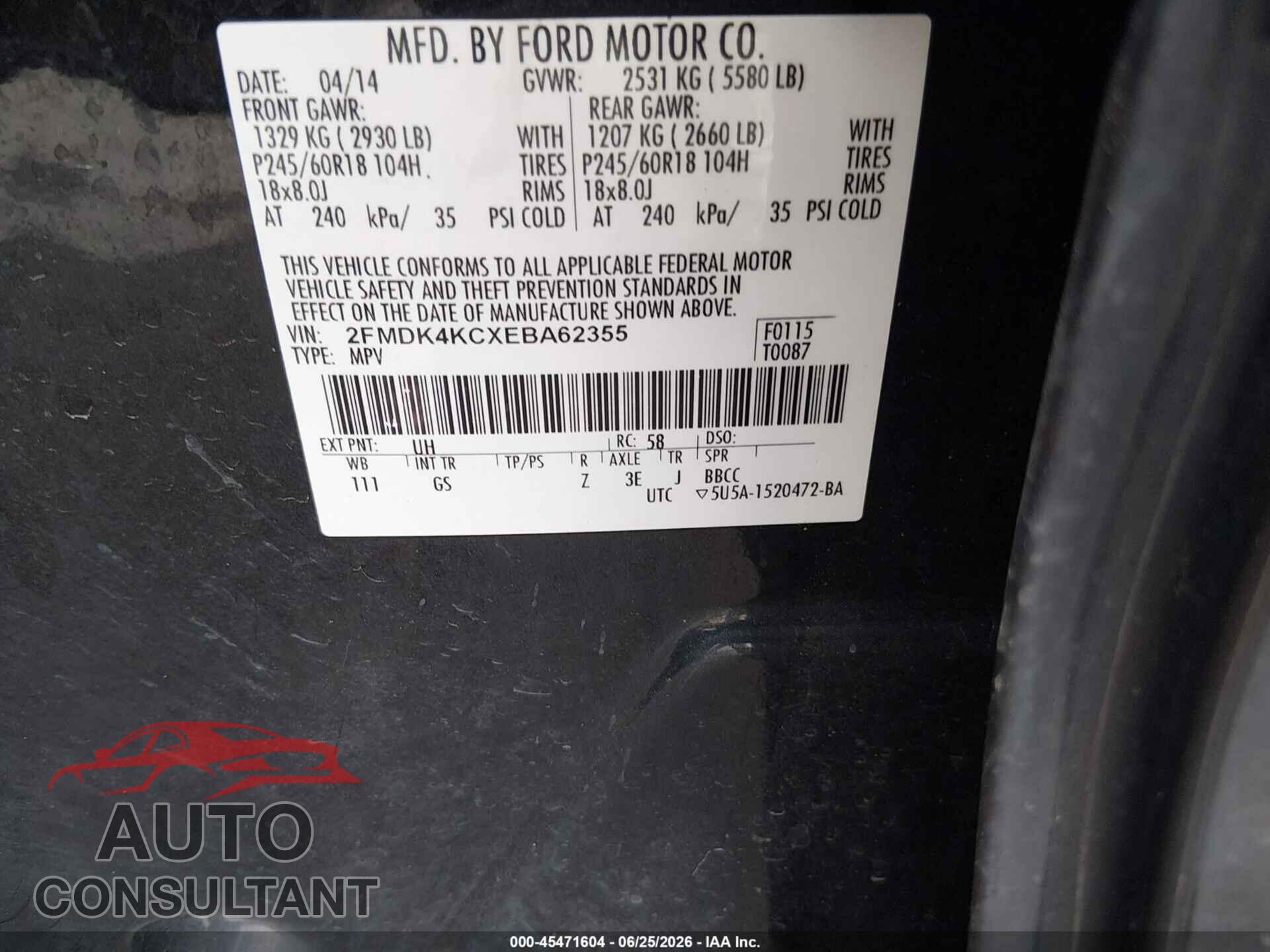 FORD EDGE 2014 - 2FMDK4KCXEBA62355