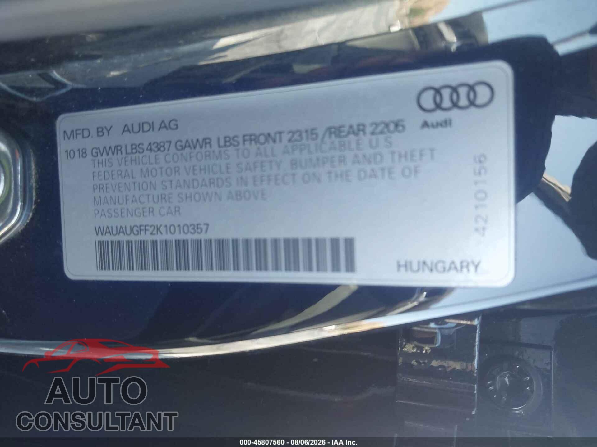 AUDI A3 2019 - WAUAUGFF2K1010357