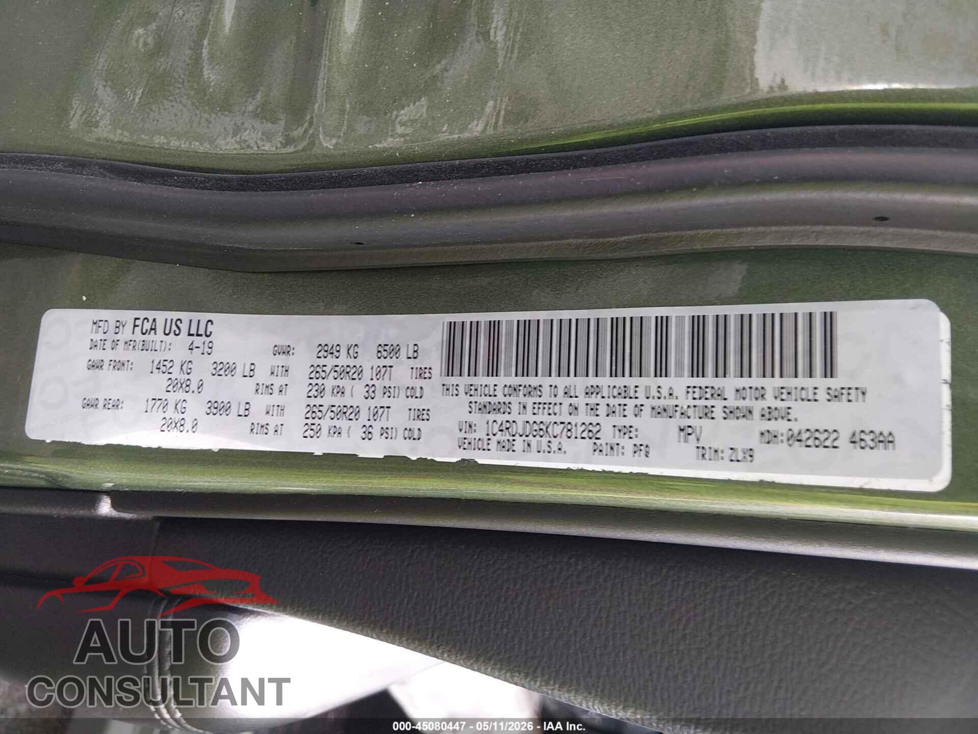 DODGE DURANGO 2019 - 1C4RDJDG6KC781262