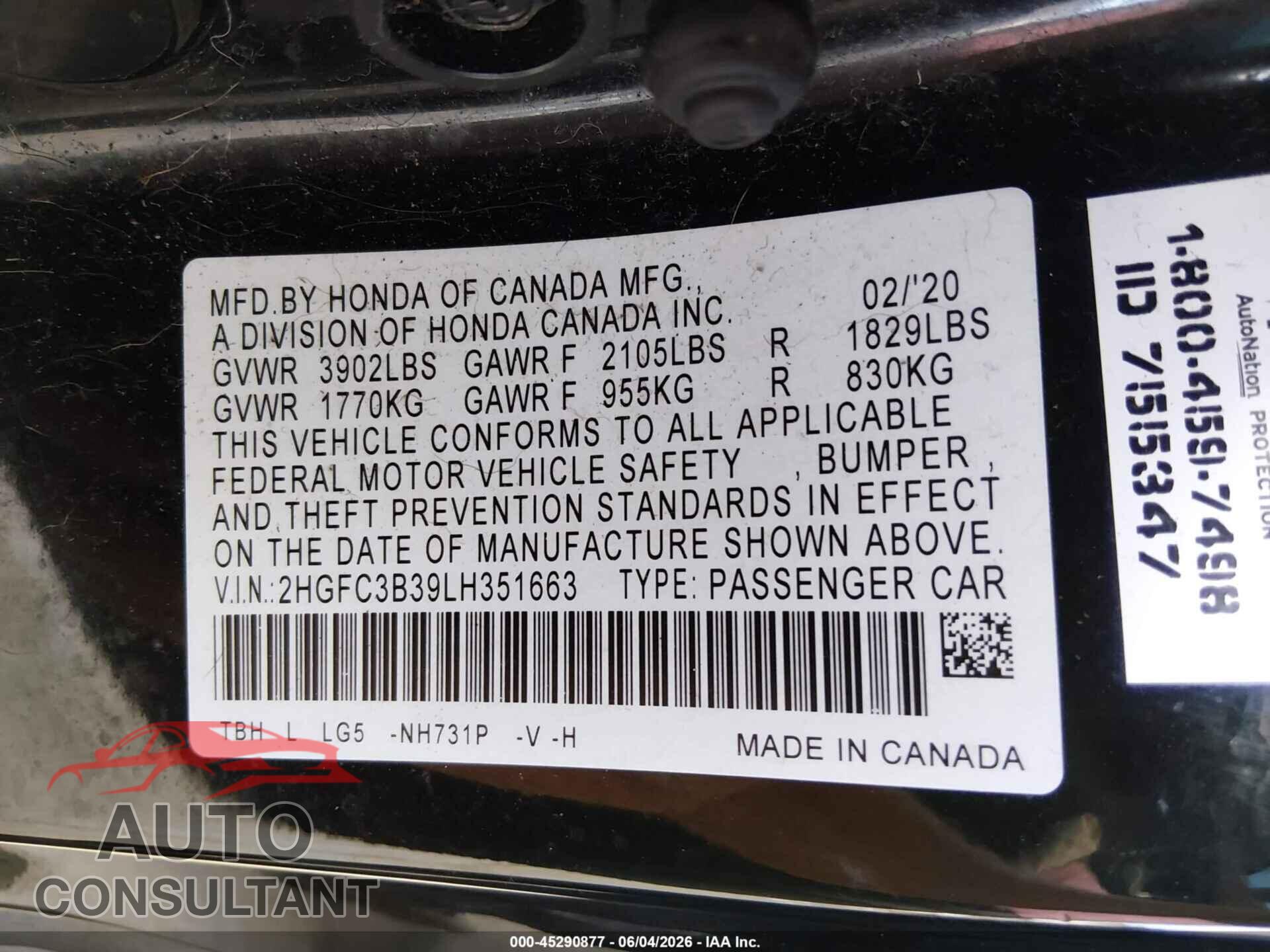 HONDA CIVIC 2020 - 2HGFC3B39LH351663