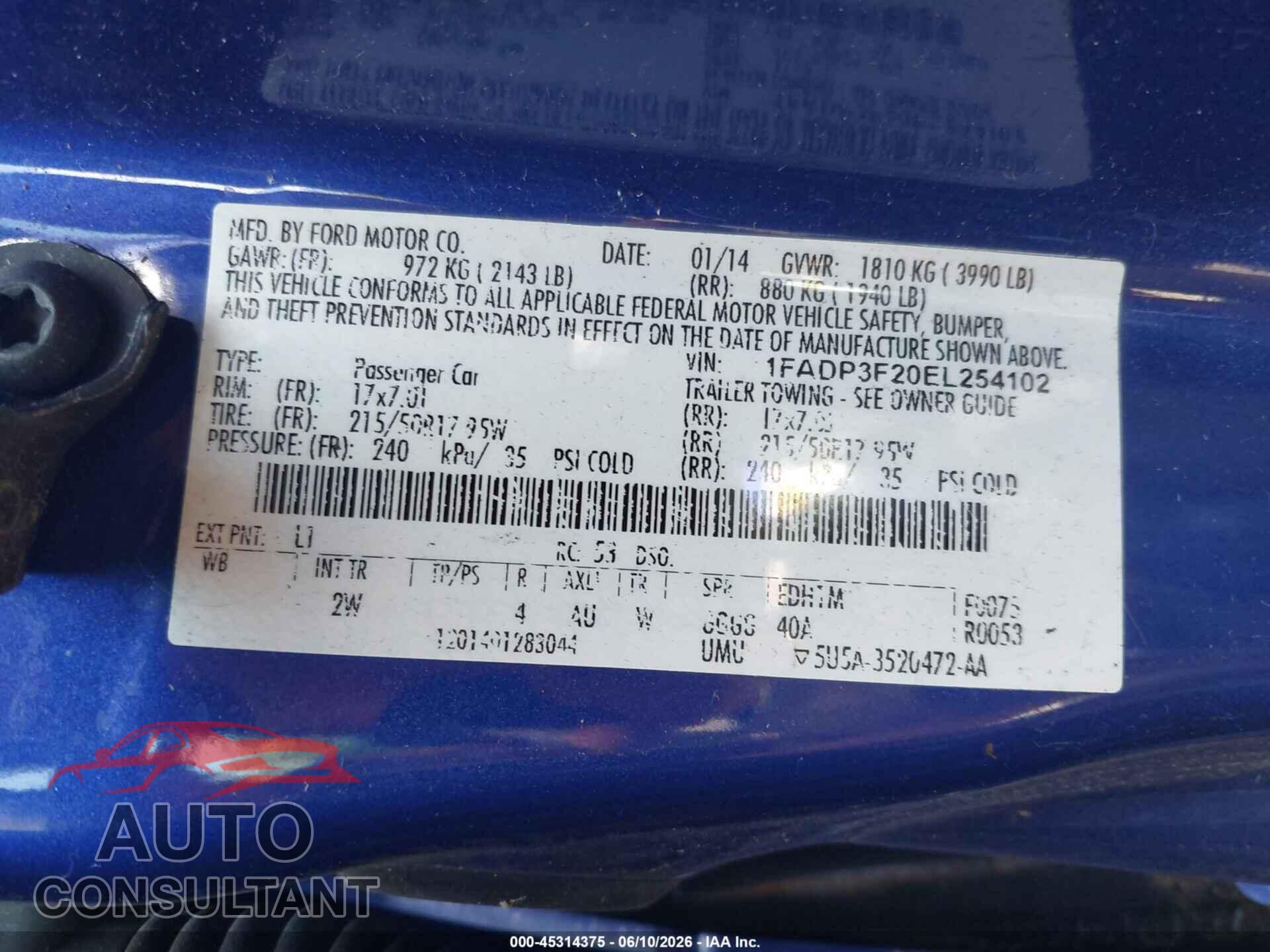 FORD FOCUS 2014 - 1FADP3F20EL254102
