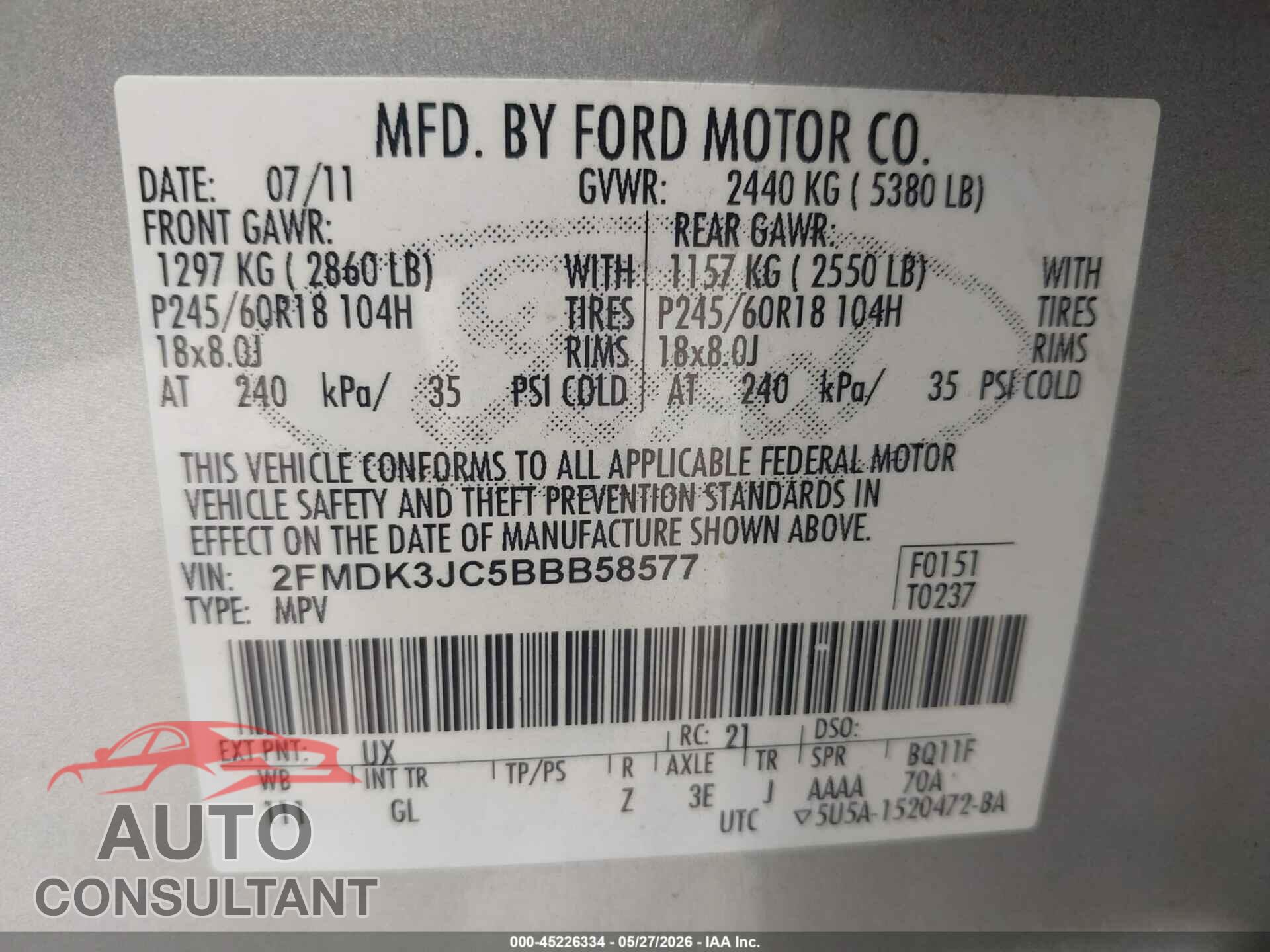 FORD EDGE 2011 - 2FMDK3JC5BBB58577