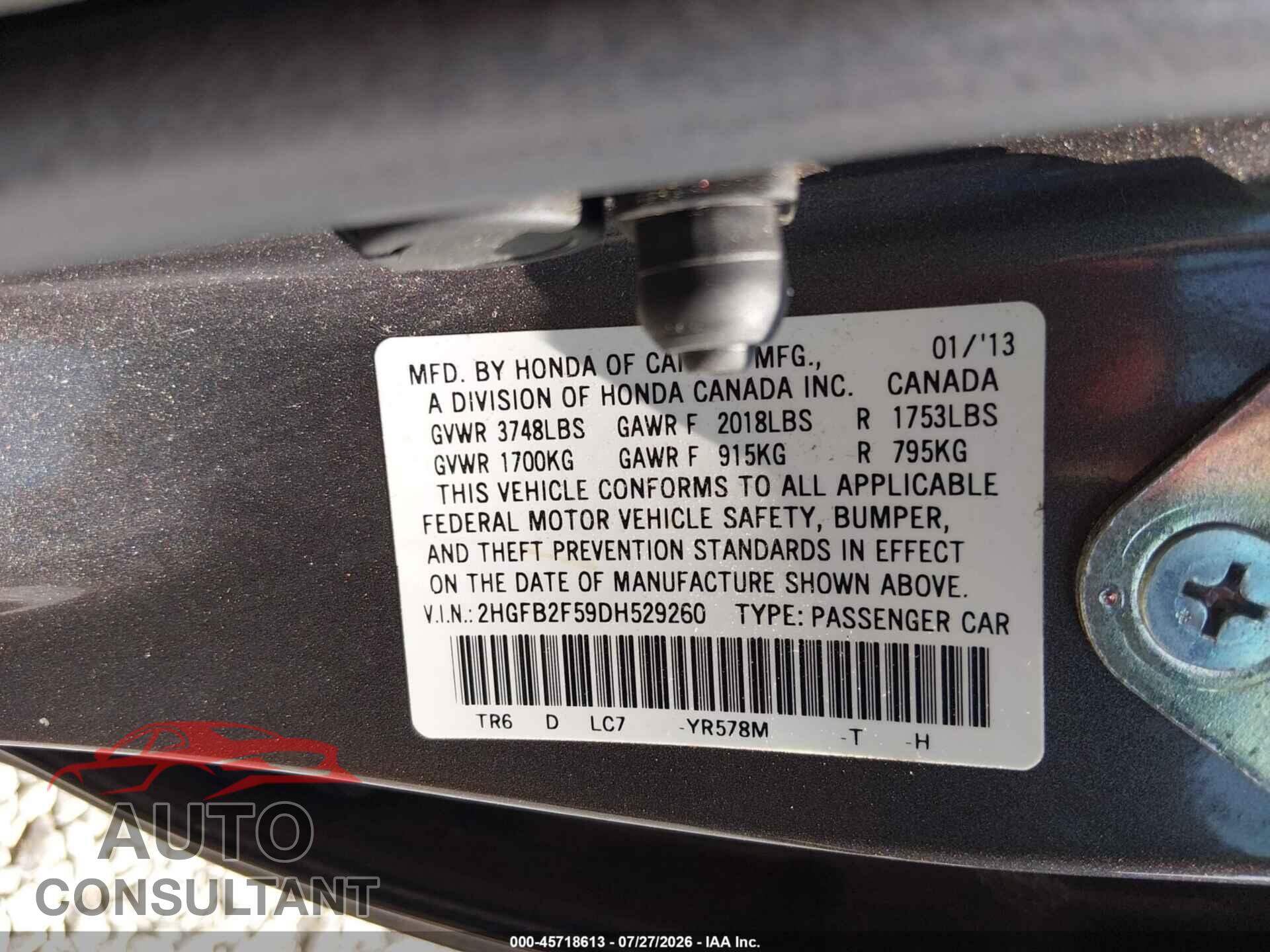 HONDA CIVIC 2013 - 2HGFB2F59DH529260