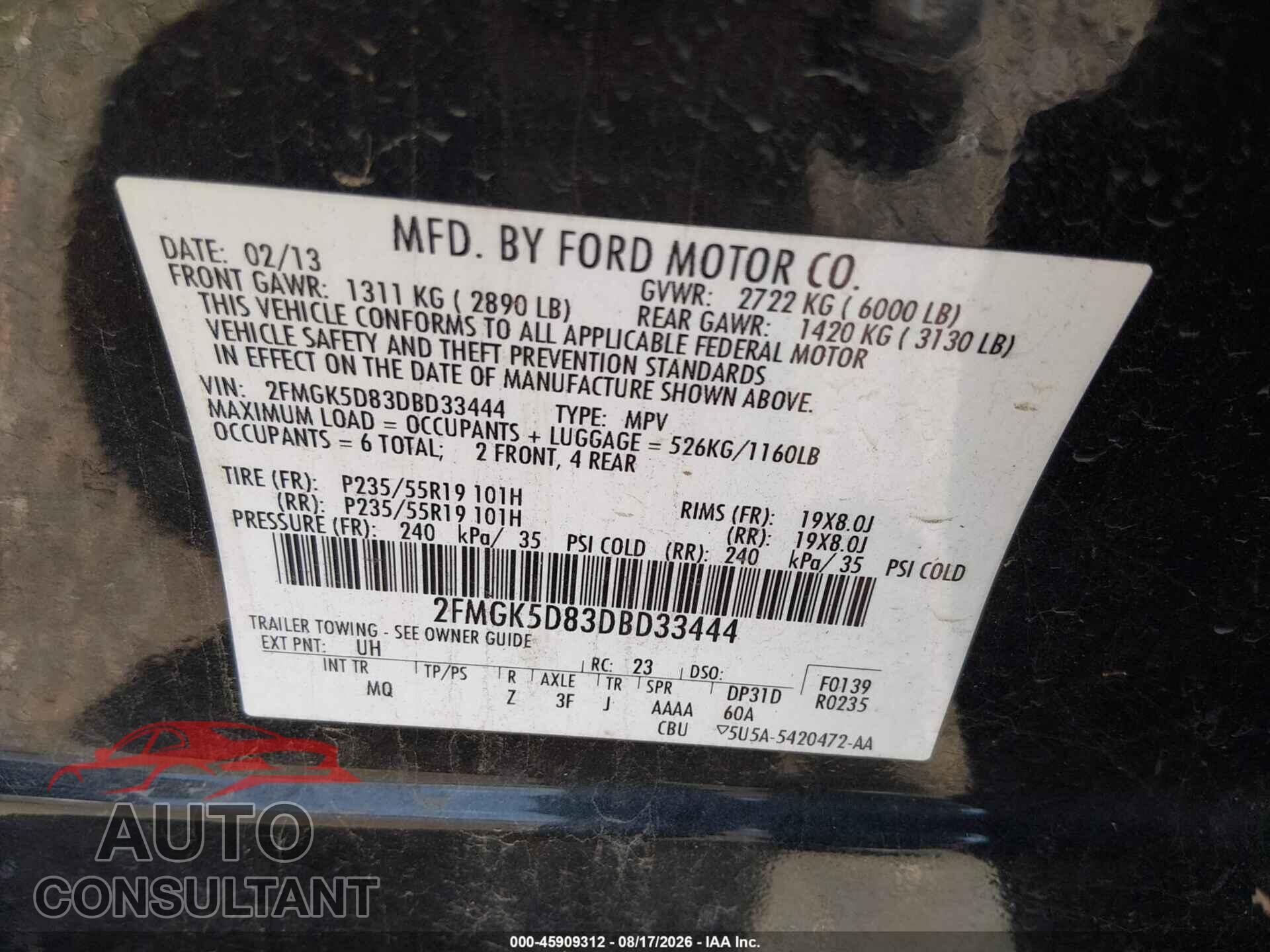 FORD FLEX 2013 - 2FMGK5D83DBD33444