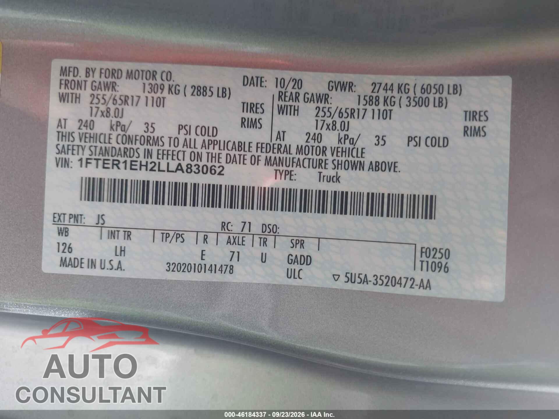 FORD RANGER 2020 - 1FTER1EH2LLA83062