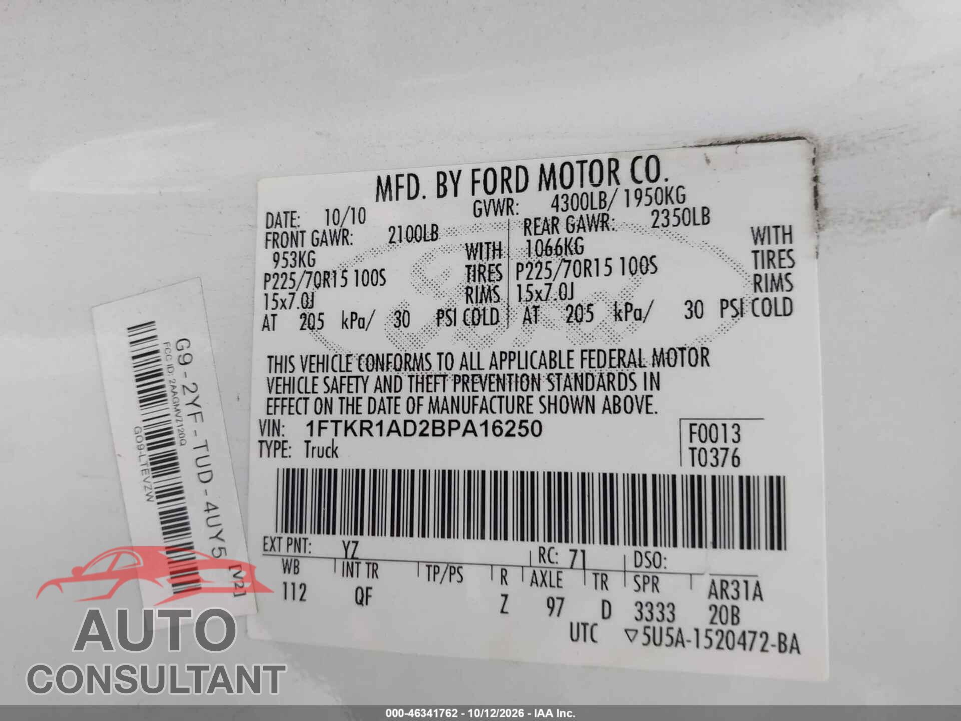 FORD RANGER 2011 - 1FTKR1AD2BPA16250