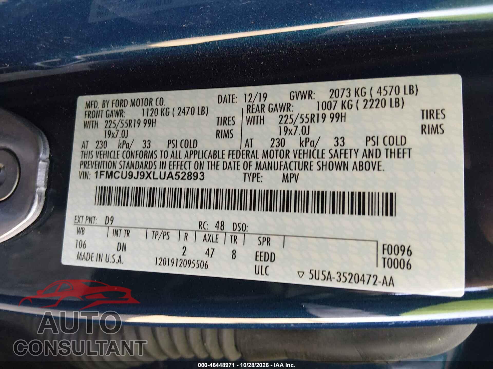 FORD ESCAPE 2020 - 1FMCU9J9XLUA52893