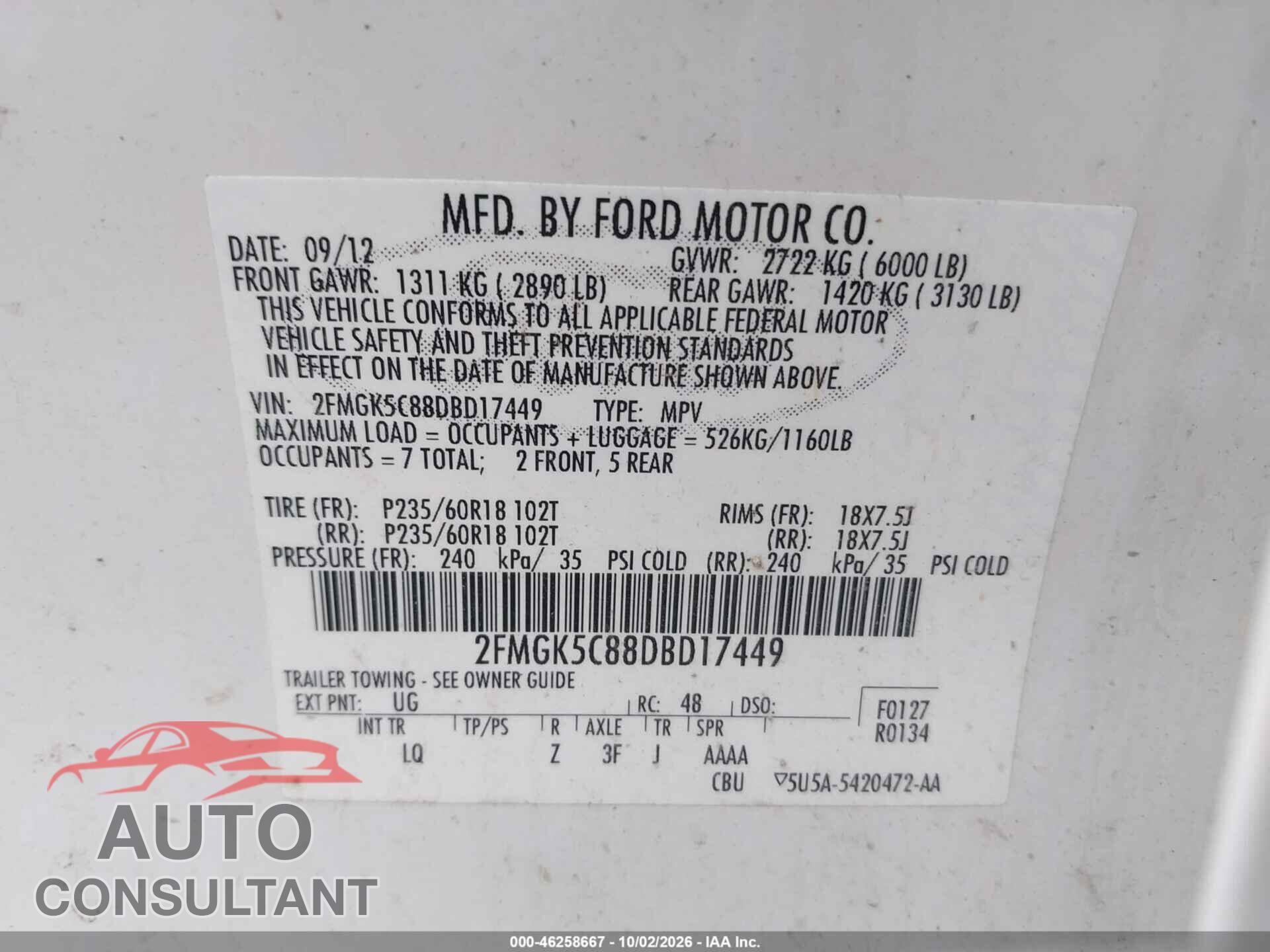 FORD FLEX 2013 - 2FMGK5C88DBD17449