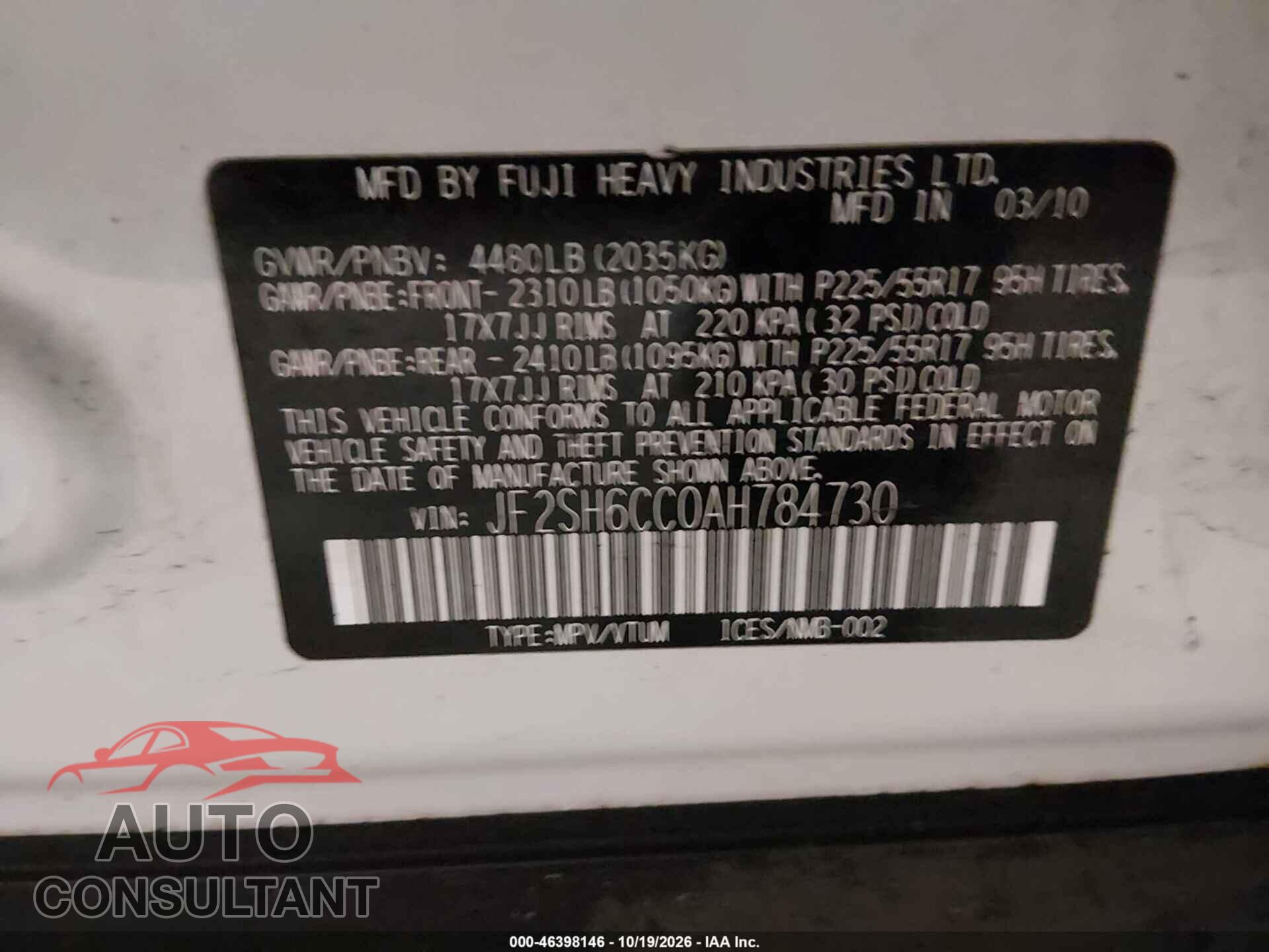 SUBARU FORESTER 2010 - JF2SH6CC0AH784730