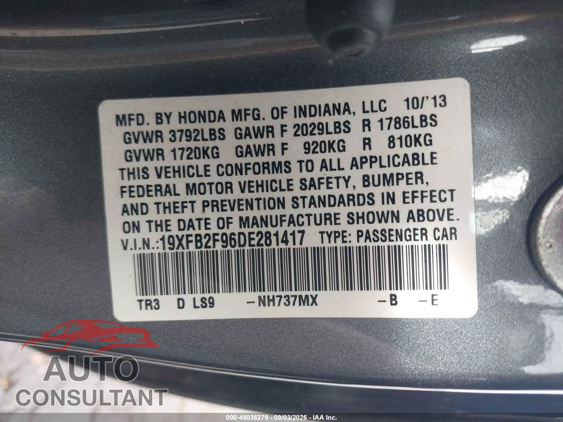 HONDA CIVIC 2013 - 19XFB2F96DE281417
