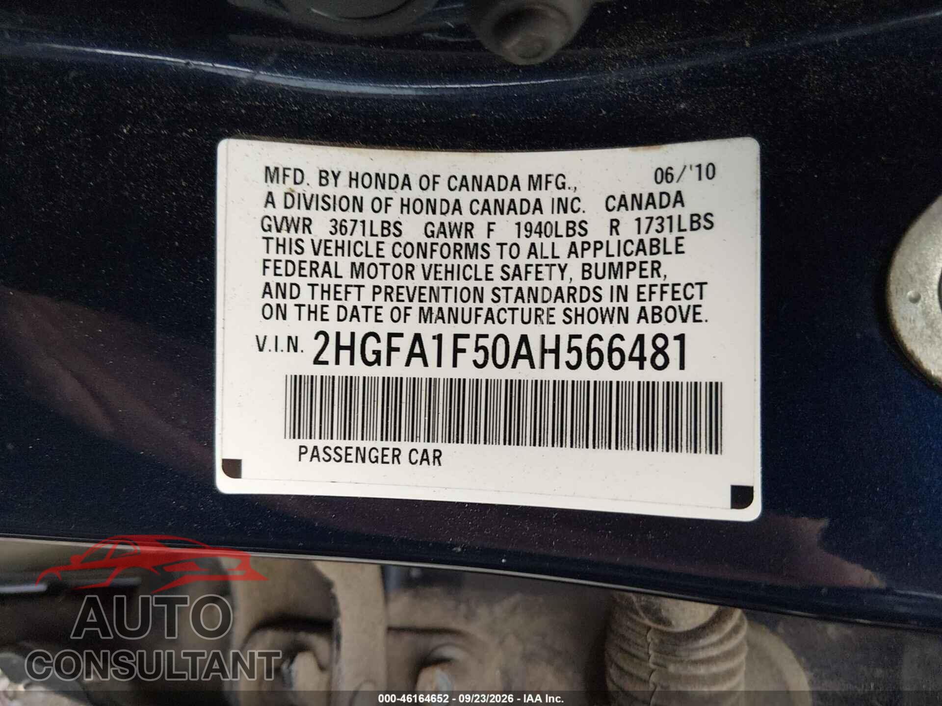 HONDA CIVIC 2010 - 2HGFA1F50AH566481