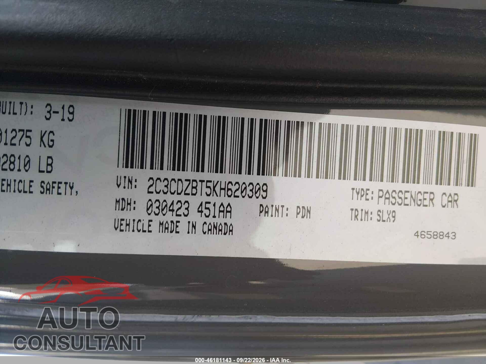 DODGE CHALLENGER 2019 - 2C3CDZBT5KH620309