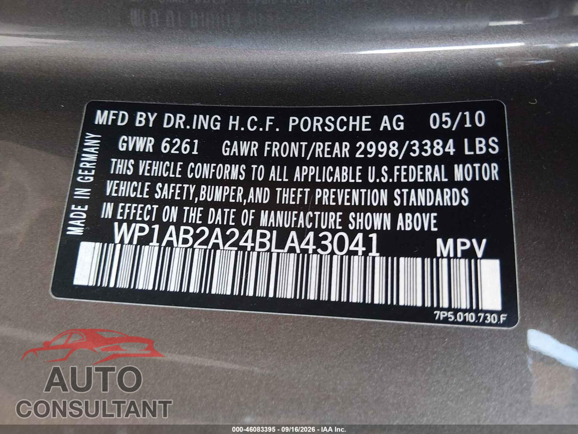 PORSCHE CAYENNE 2011 - WP1AB2A24BLA43041