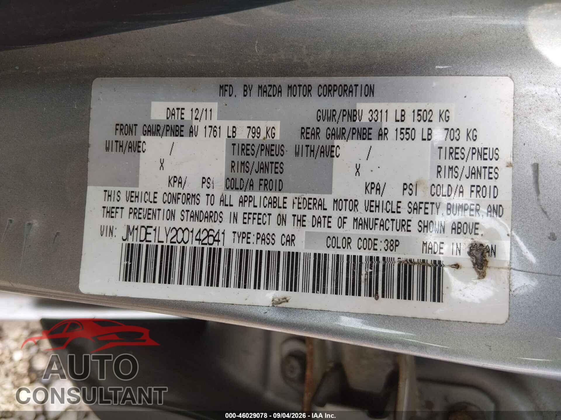 MAZDA MAZDA2 2012 - JM1DE1LY2C0142641