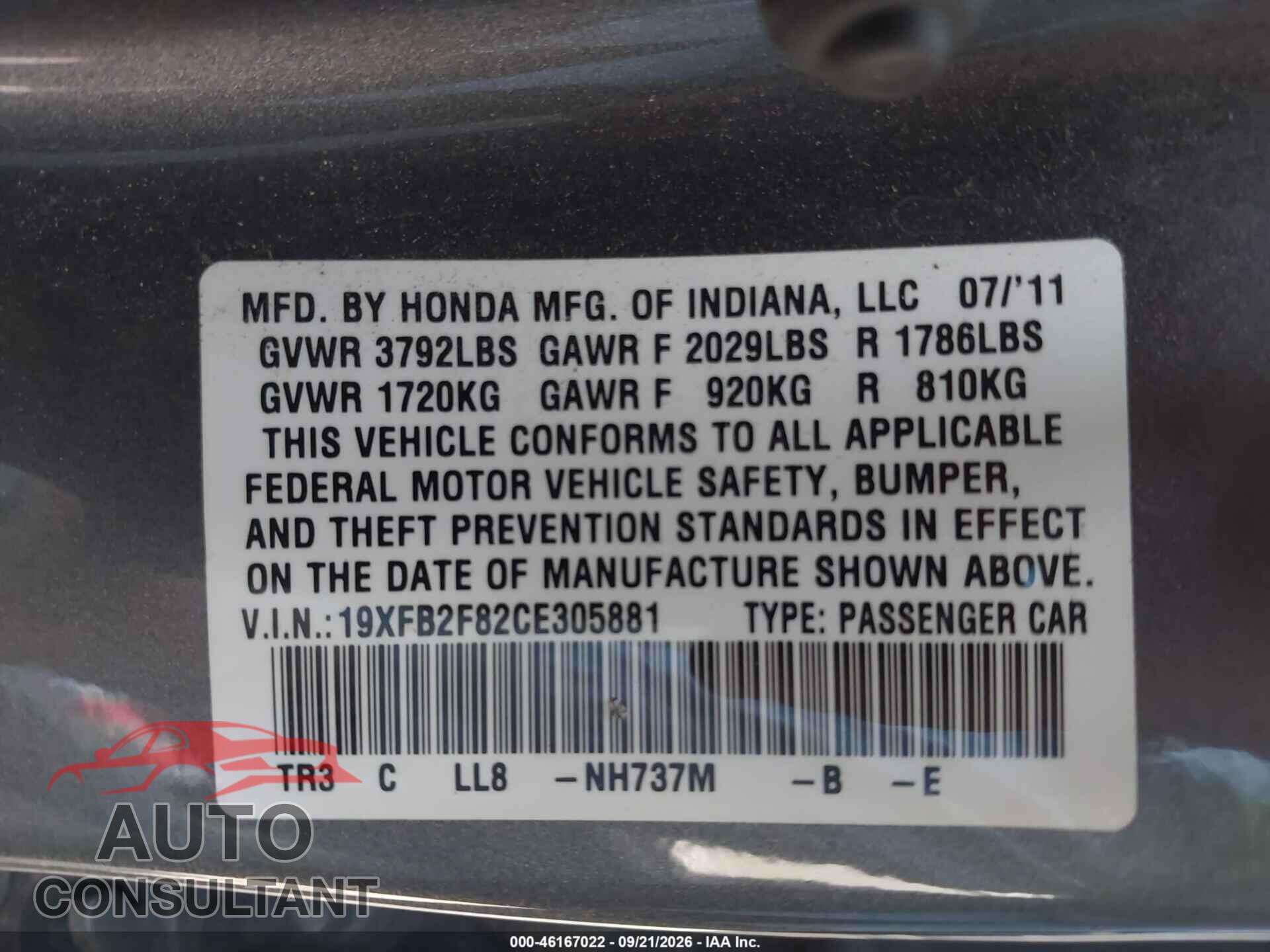 HONDA CIVIC 2012 - 19XFB2F82CE305881