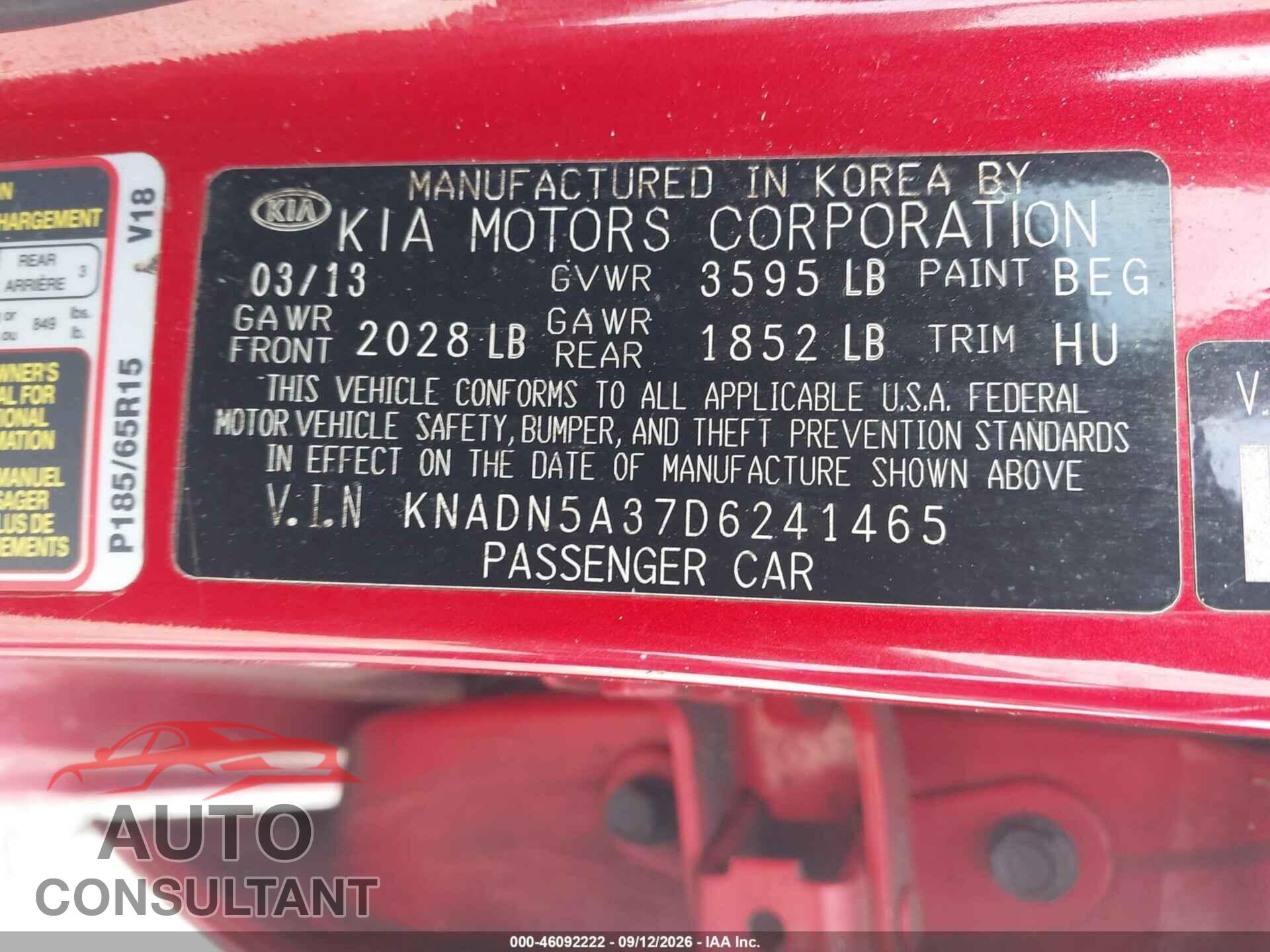 KIA RIO 2013 - KNADN5A37D6241465