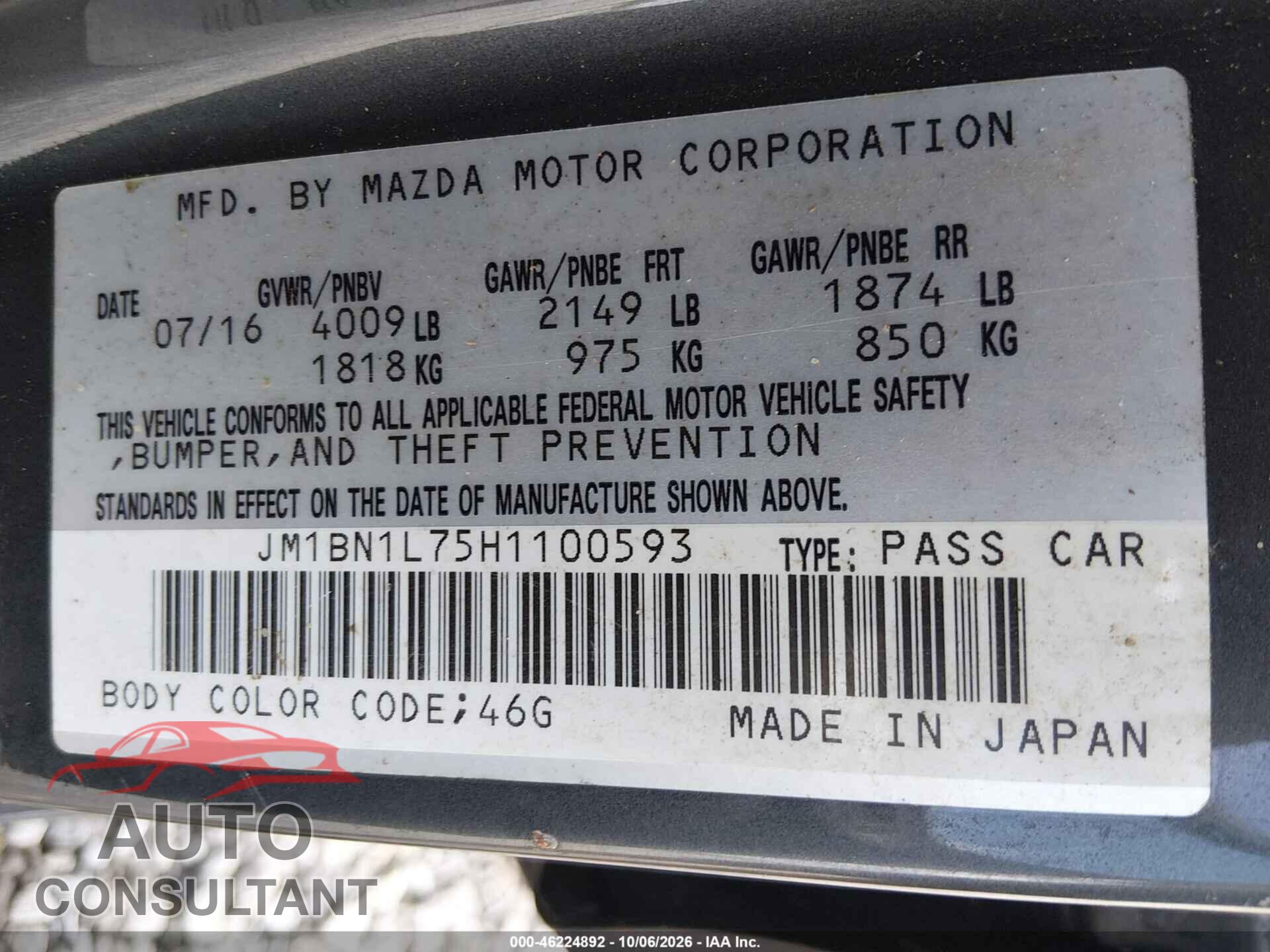 MAZDA MAZDA3 2017 - JM1BN1L75H1100593