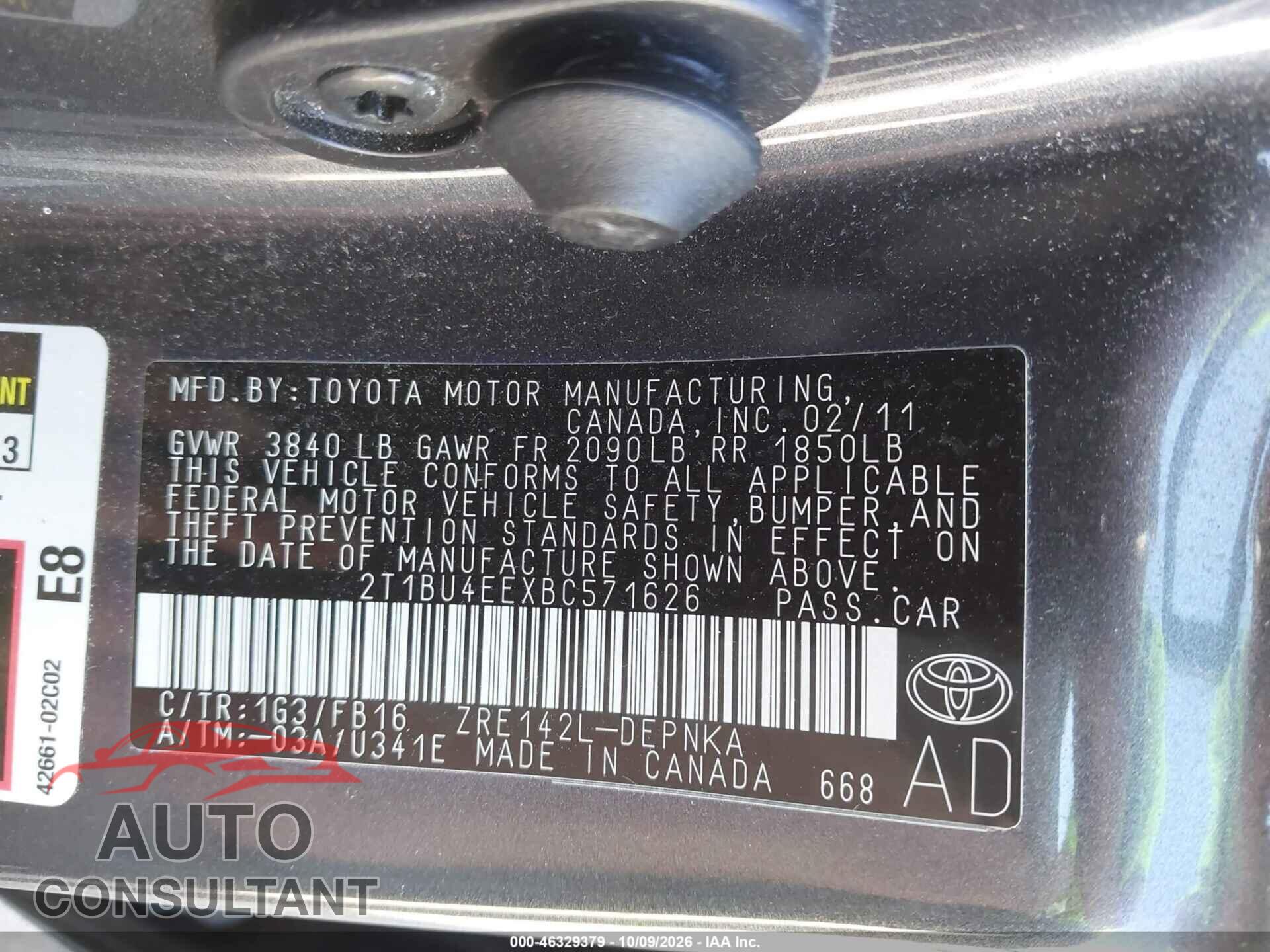 TOYOTA COROLLA 2011 - 2T1BU4EEXBC571626