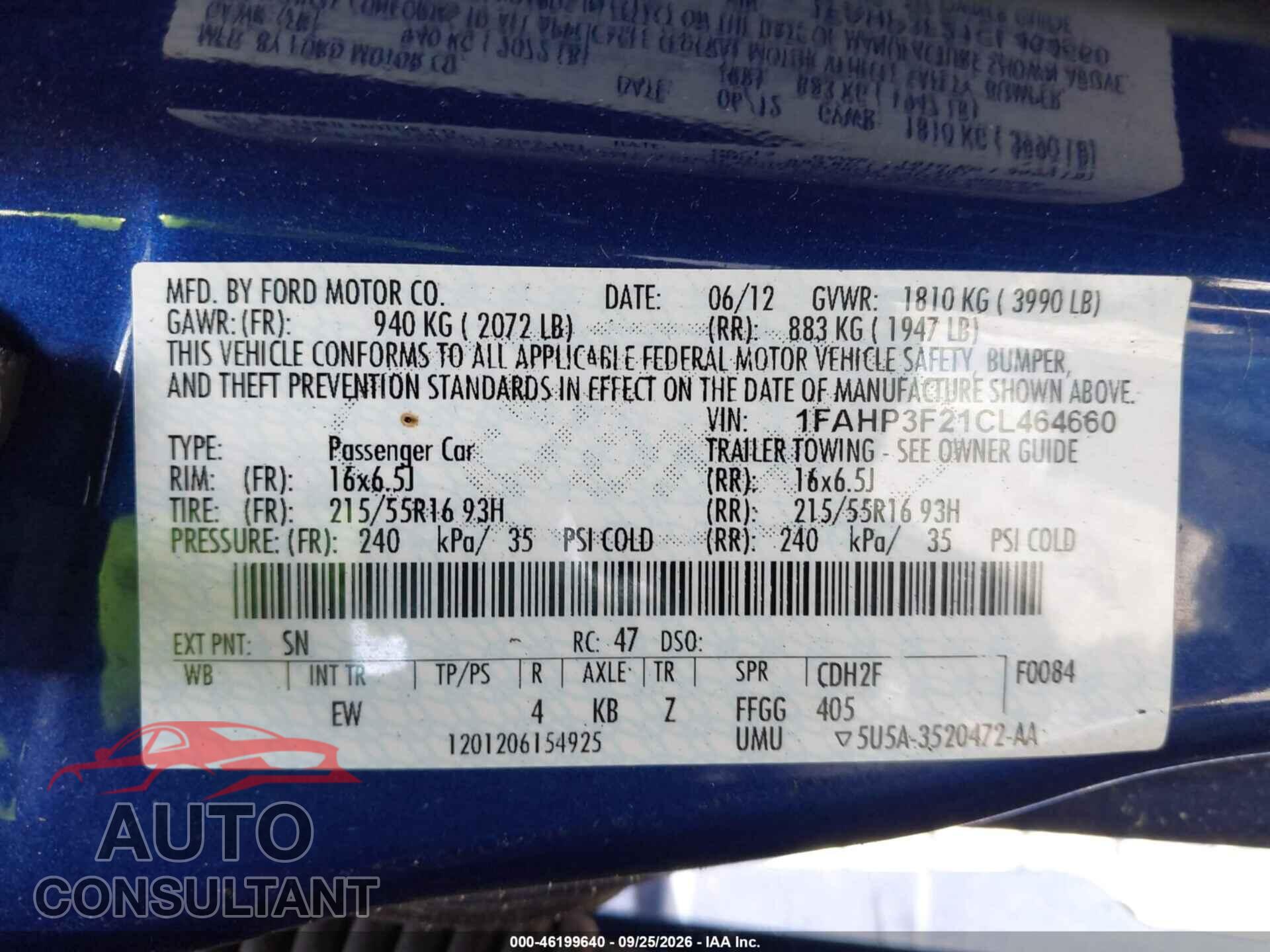 FORD FOCUS 2012 - 1FAHP3F21CL464660