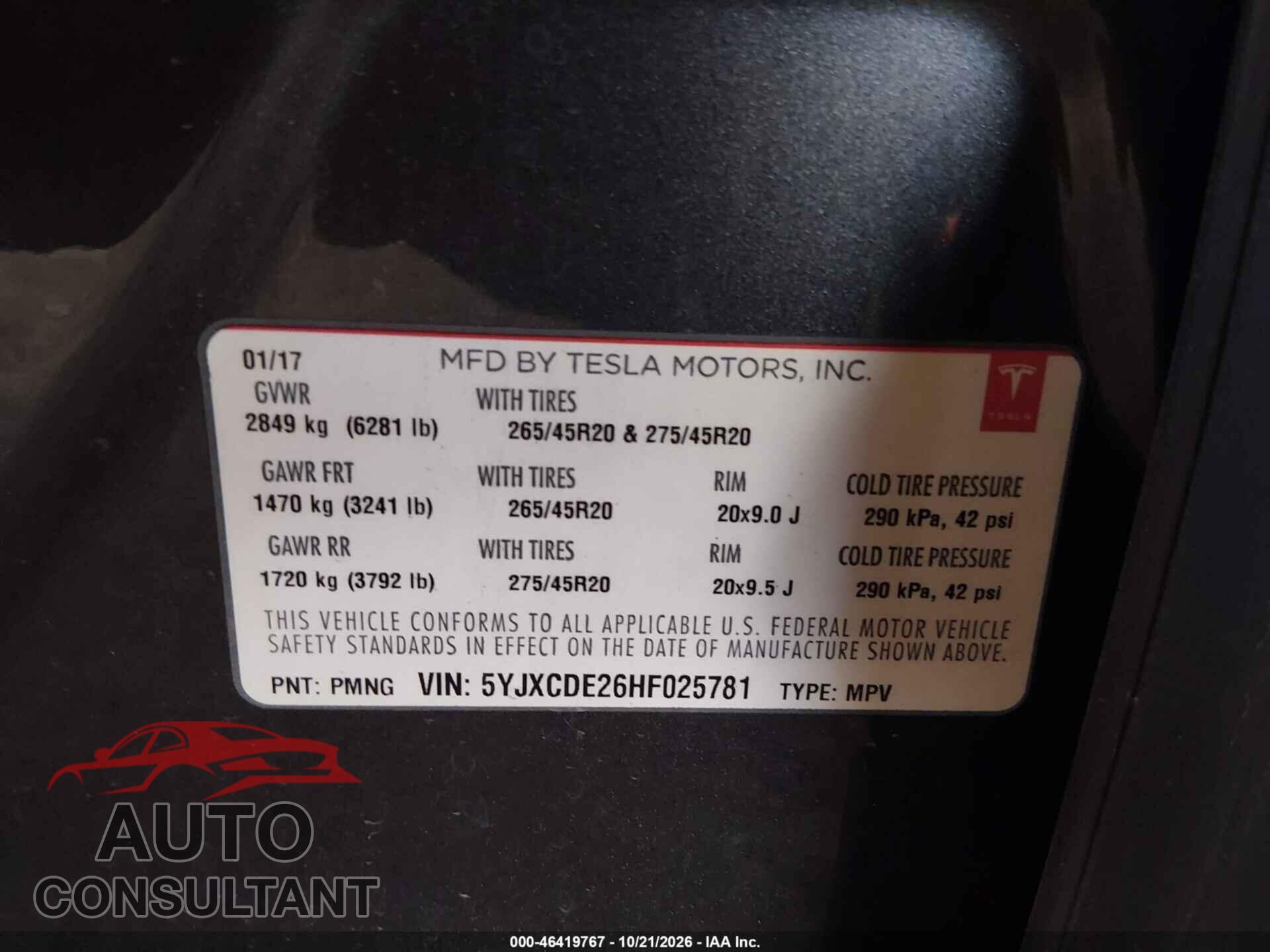 TESLA MODEL X 2017 - 5YJXCDE26HF025781
