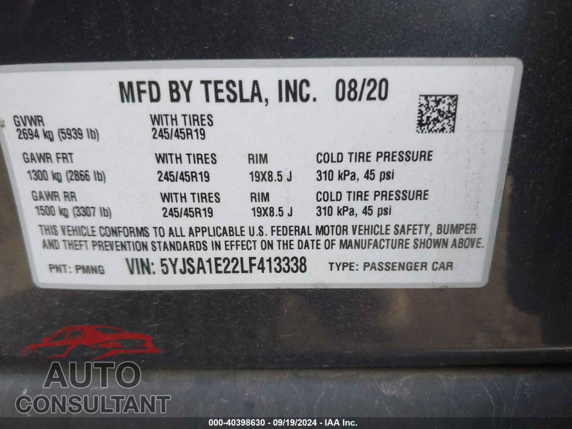 TESLA MODEL S 2020 - 5YJSA1E22LF413338