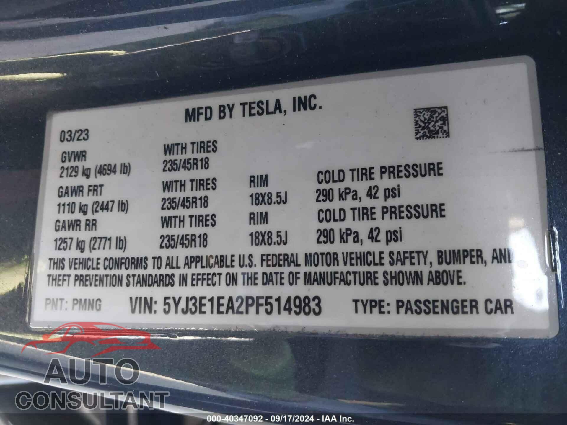 TESLA MODEL 3 2023 - 5YJ3E1EA2PF514983