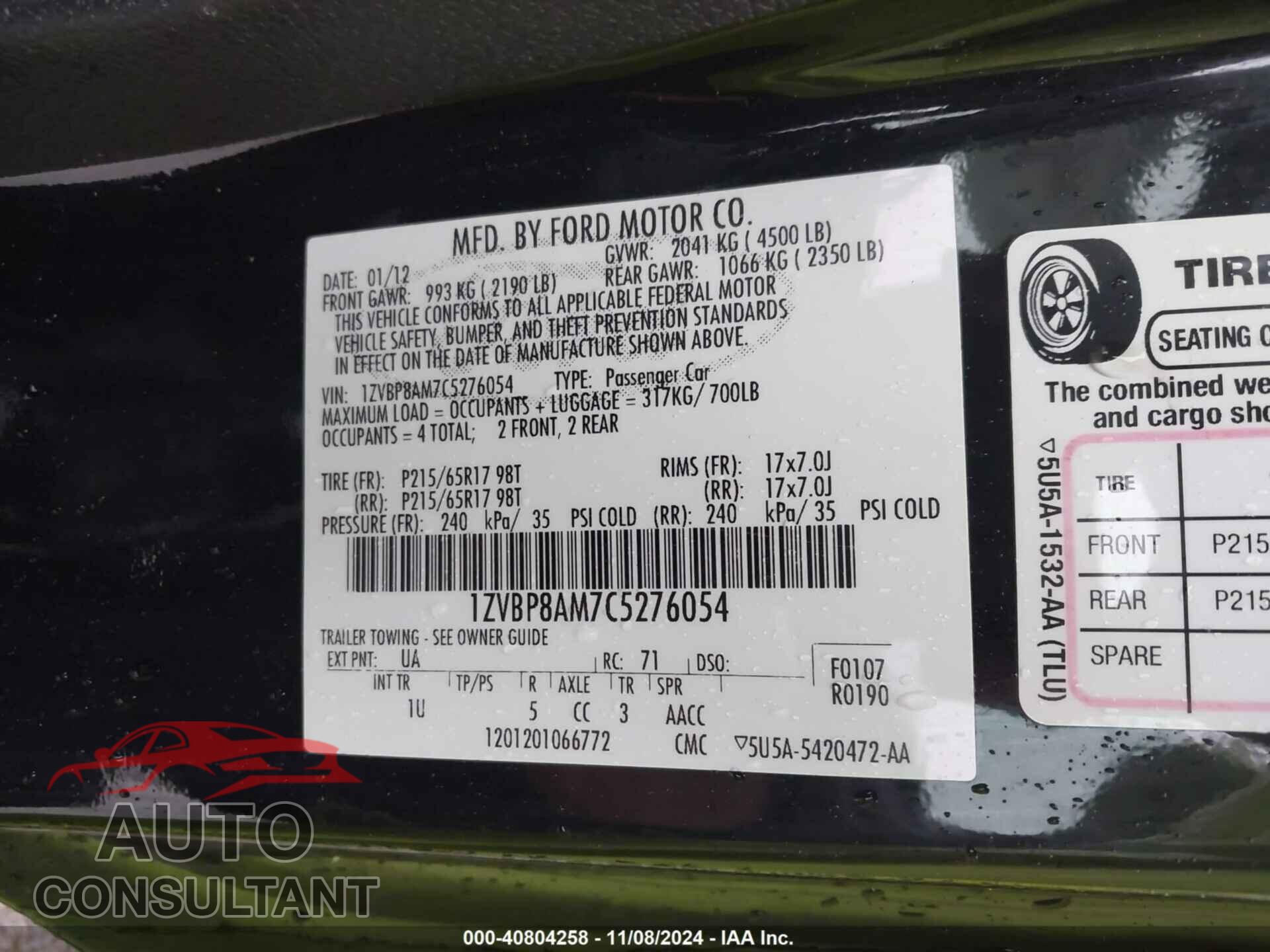 FORD MUSTANG 2012 - 1ZVBP8AM7C5276054