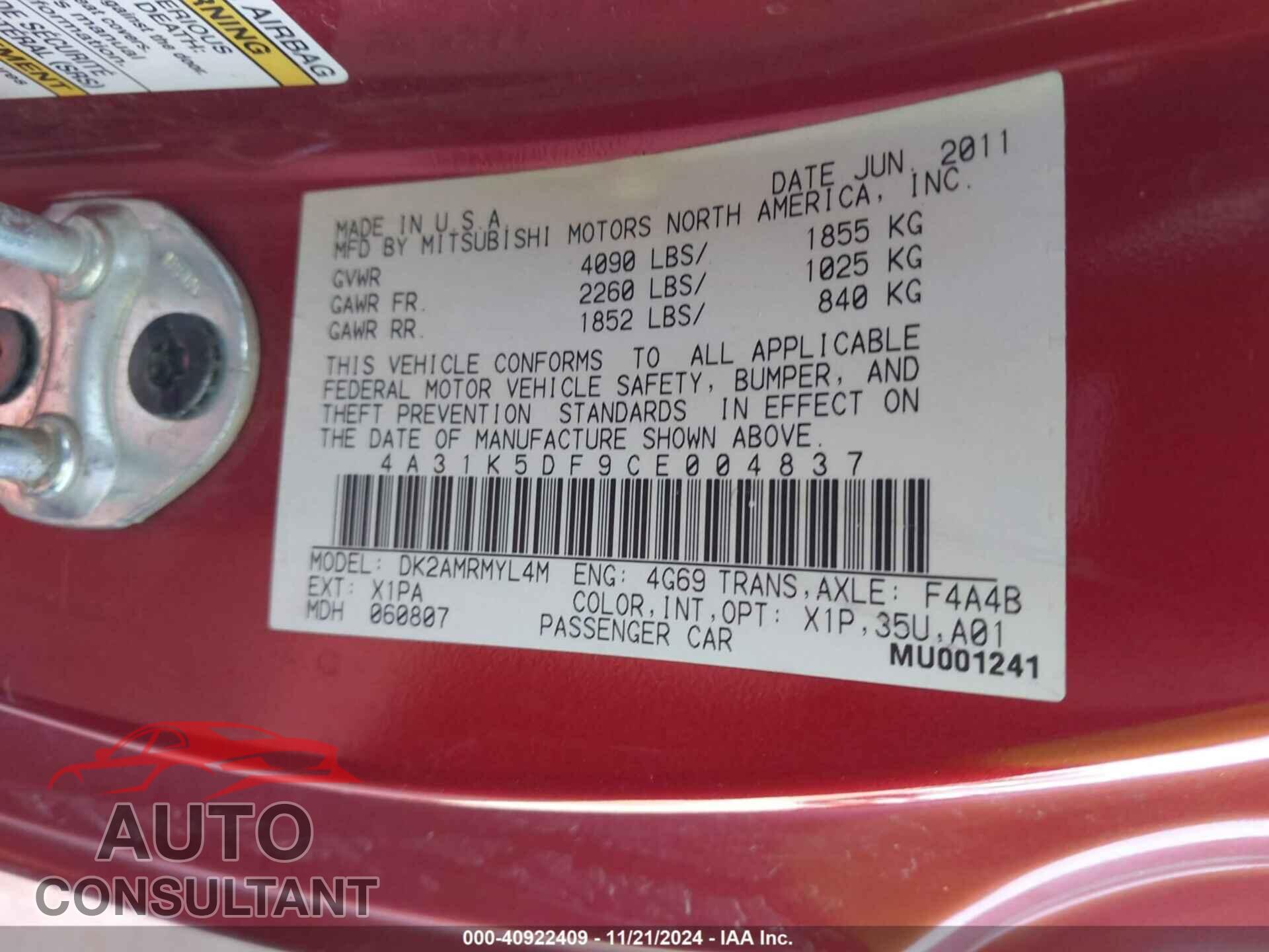 MITSUBISHI ECLIPSE 2012 - 4A31K5DF9CE004837