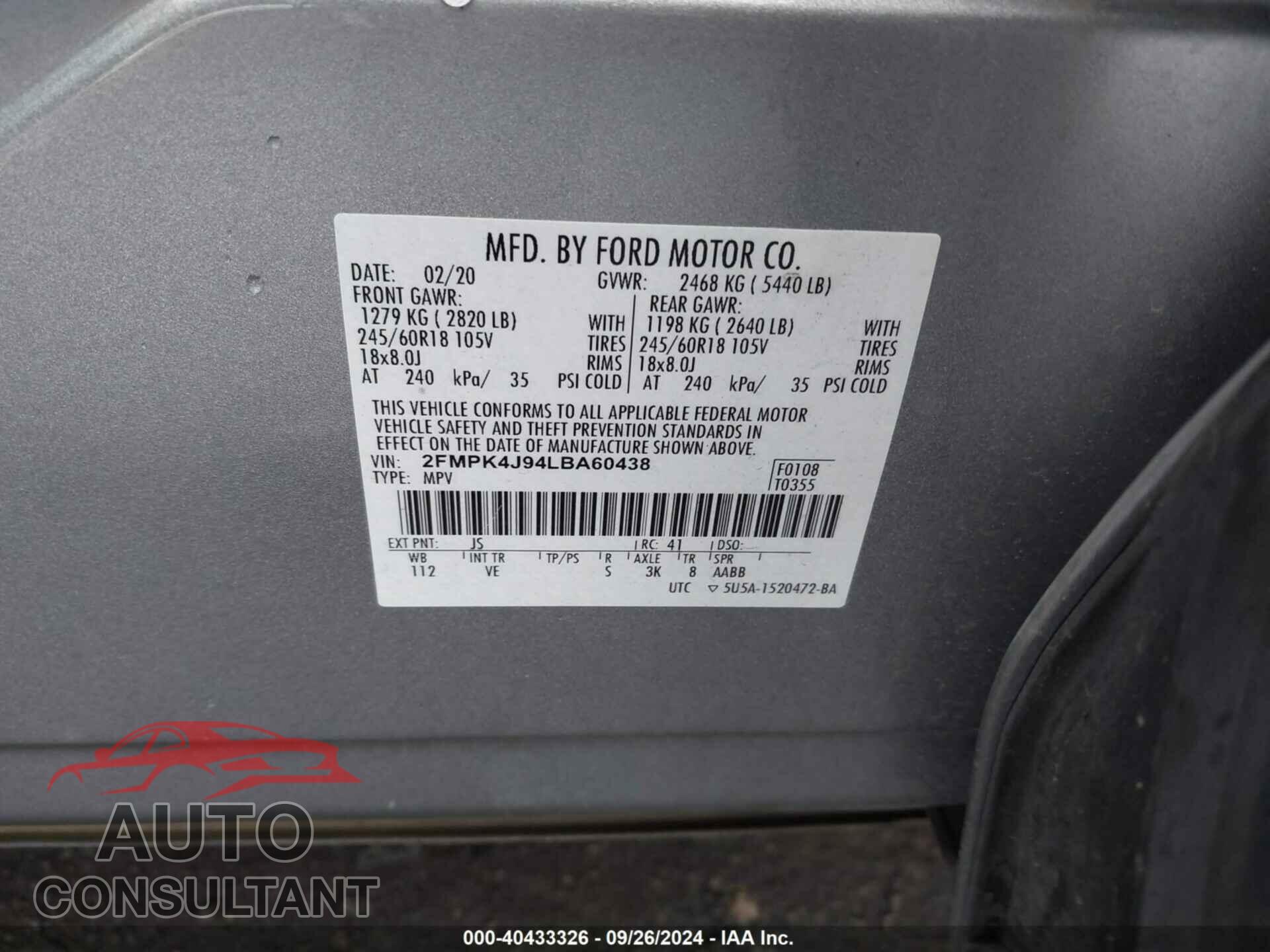 FORD EDGE 2020 - 2FMPK4J94LBA60438
