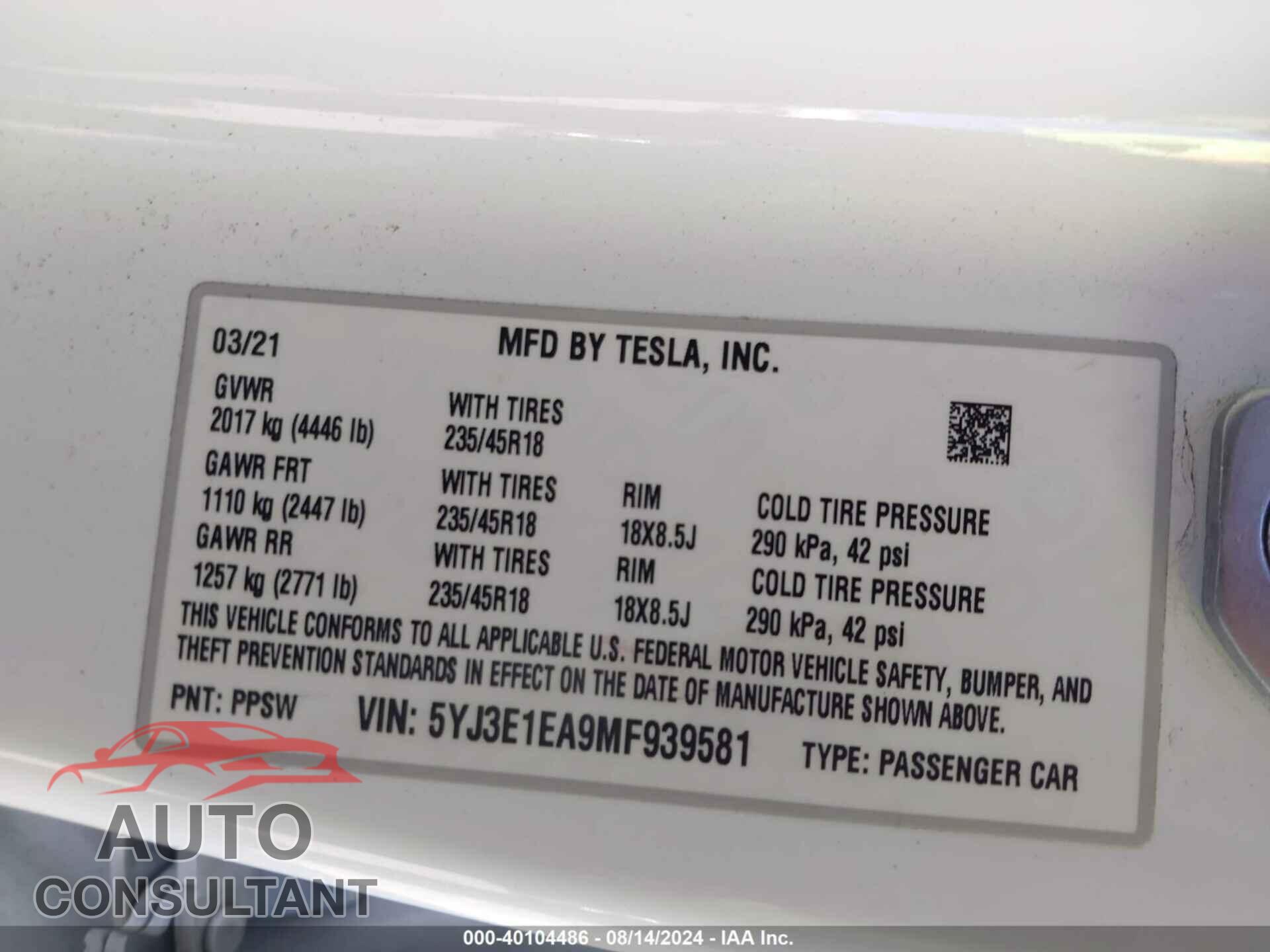TESLA MODEL 3 2021 - 5YJ3E1EA9MF939581