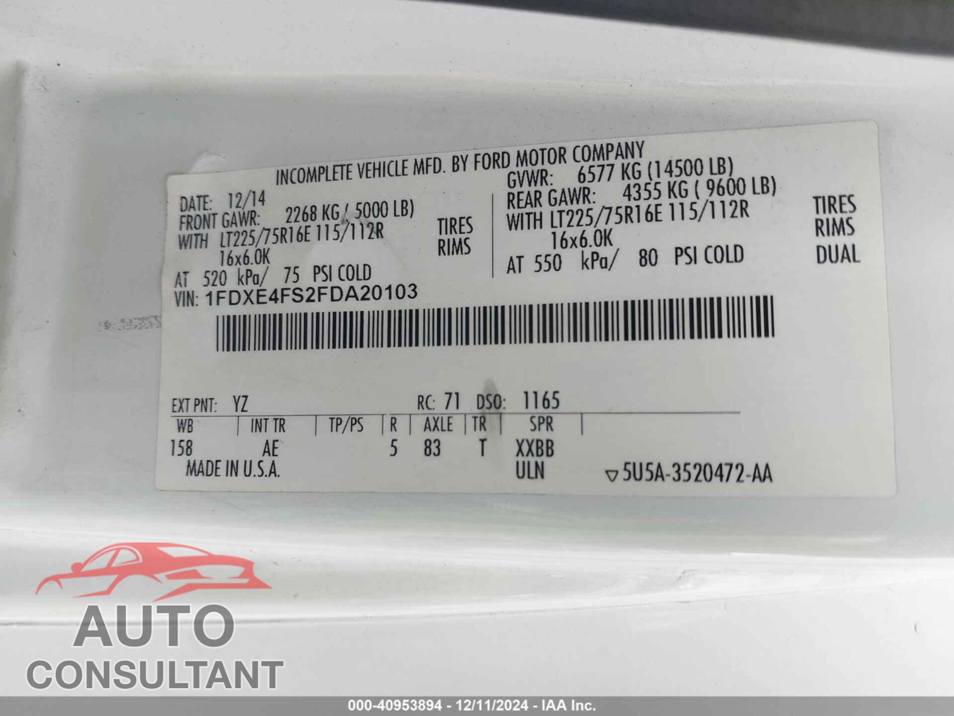 FORD E-450 CUTAWAY 2015 - 1FDXE4FS2FDA20103