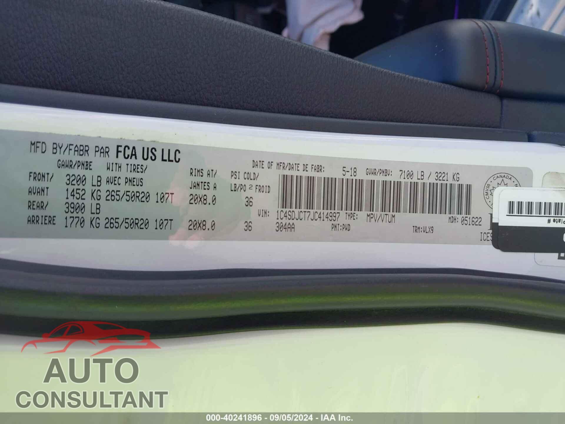 DODGE DURANGO 2018 - 1C4SDJCT7JC414997