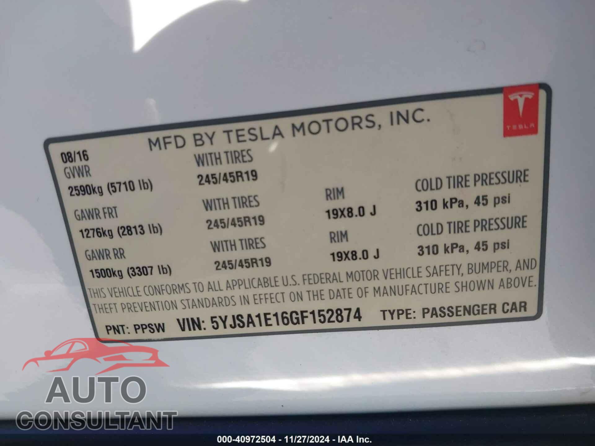 TESLA MODEL S 2016 - 5YJSA1E16GF152874
