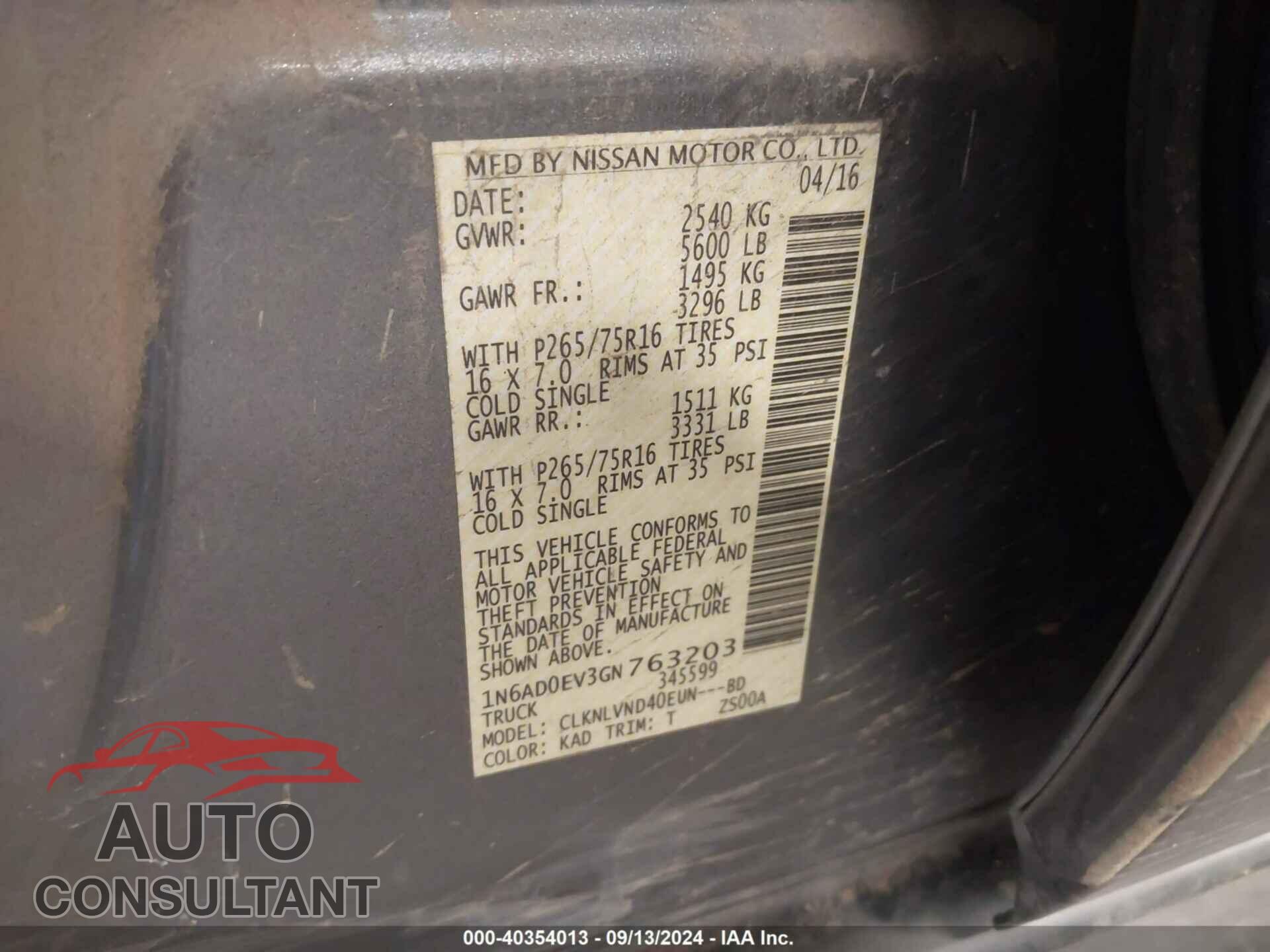 NISSAN FRONTIER 2016 - 1N6AD0EV3GN763203