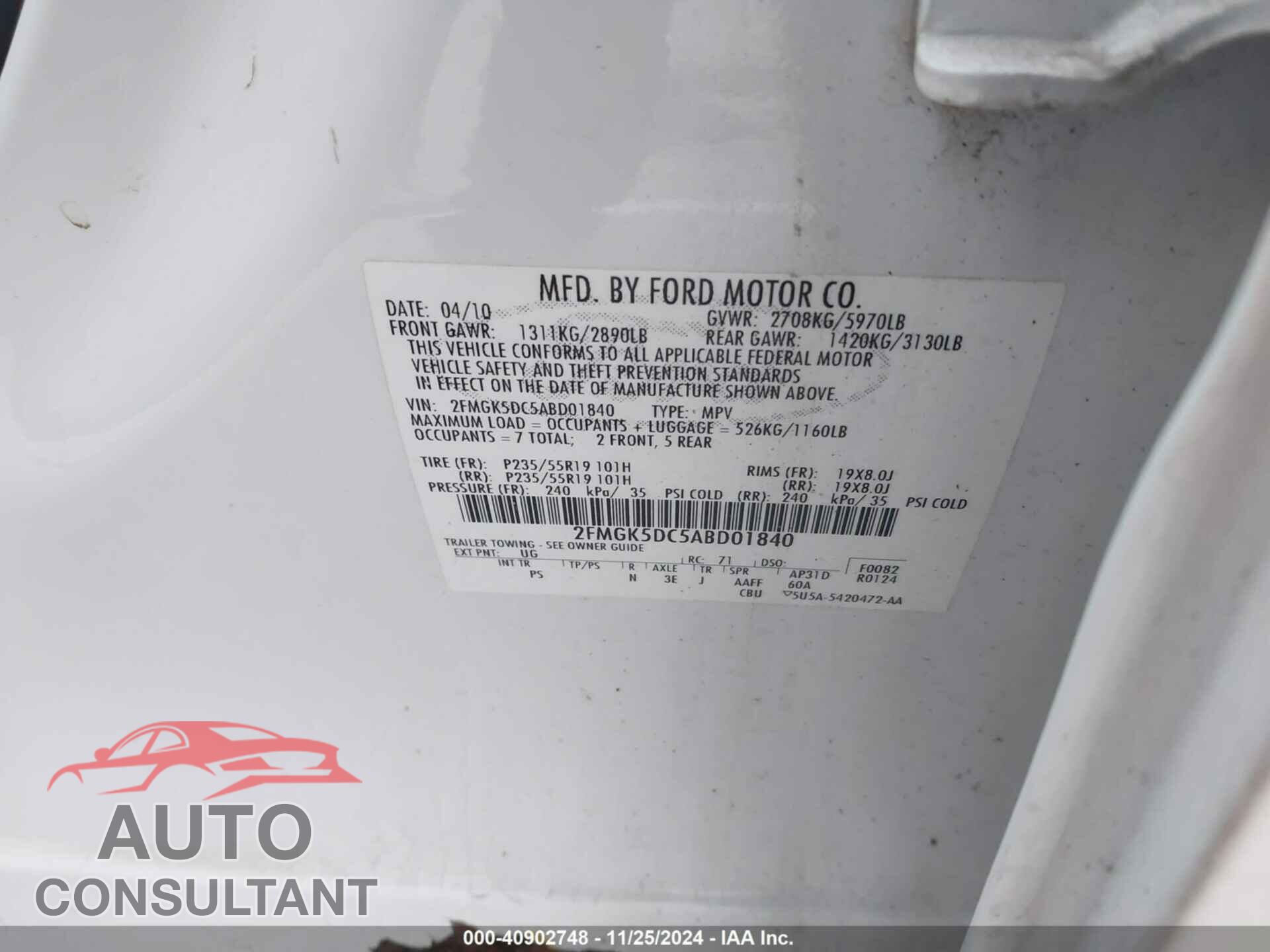 FORD FLEX 2010 - 2FMGK5DC5ABD01840