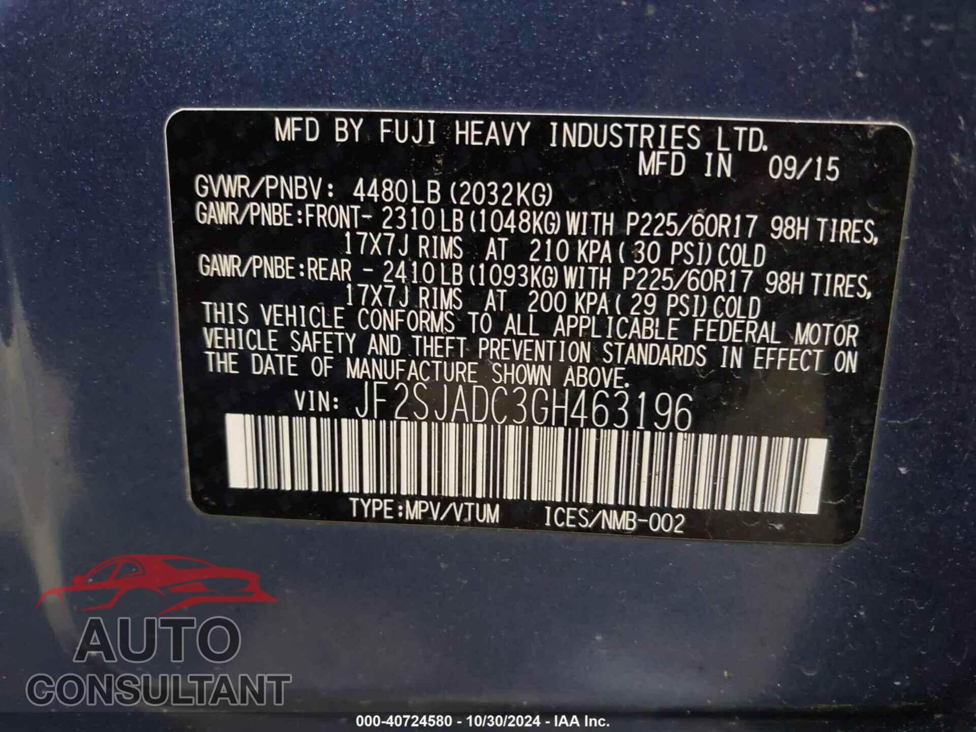 SUBARU FORESTER 2016 - JF2SJADC3GH463196