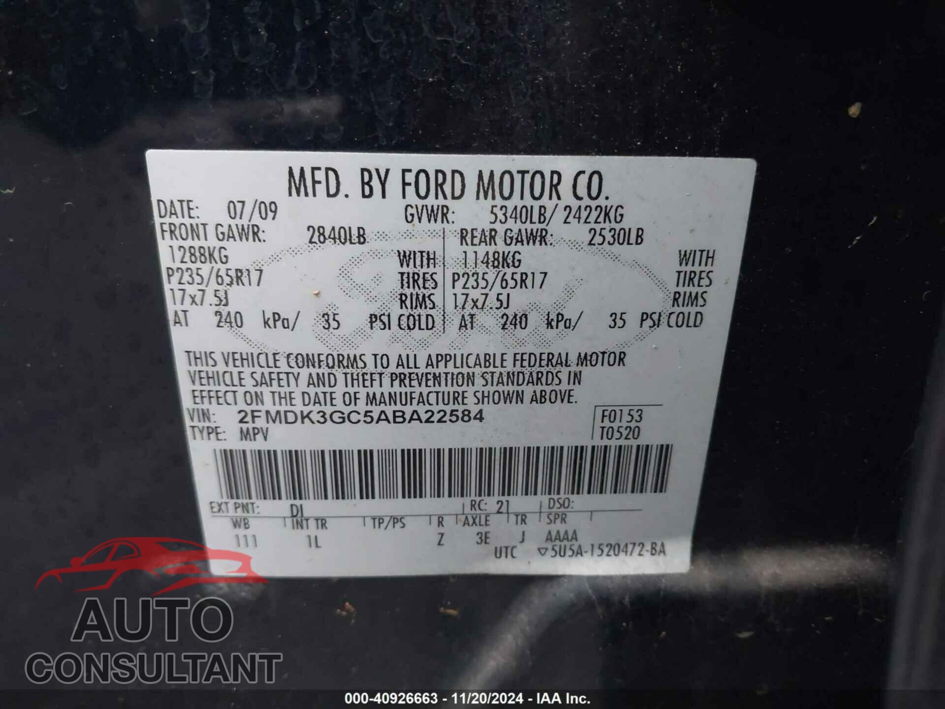 FORD EDGE 2010 - 2FMDK3GC5ABA22584