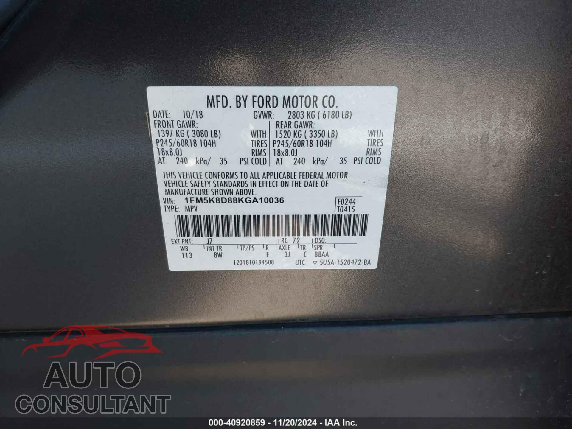 FORD EXPLORER 2019 - 1FM5K8D88KGA10036