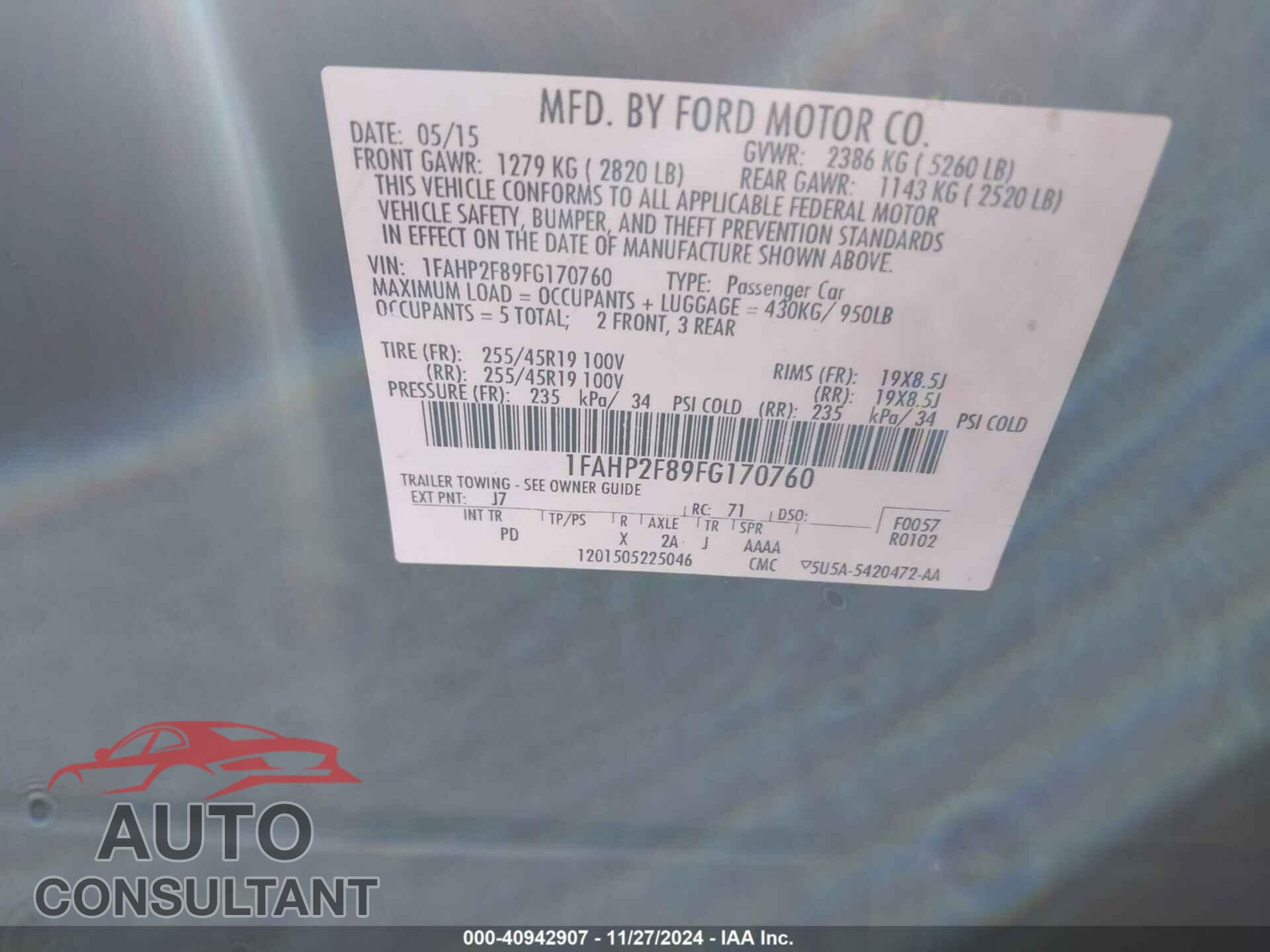 FORD TAURUS 2015 - 1FAHP2F89FG170760