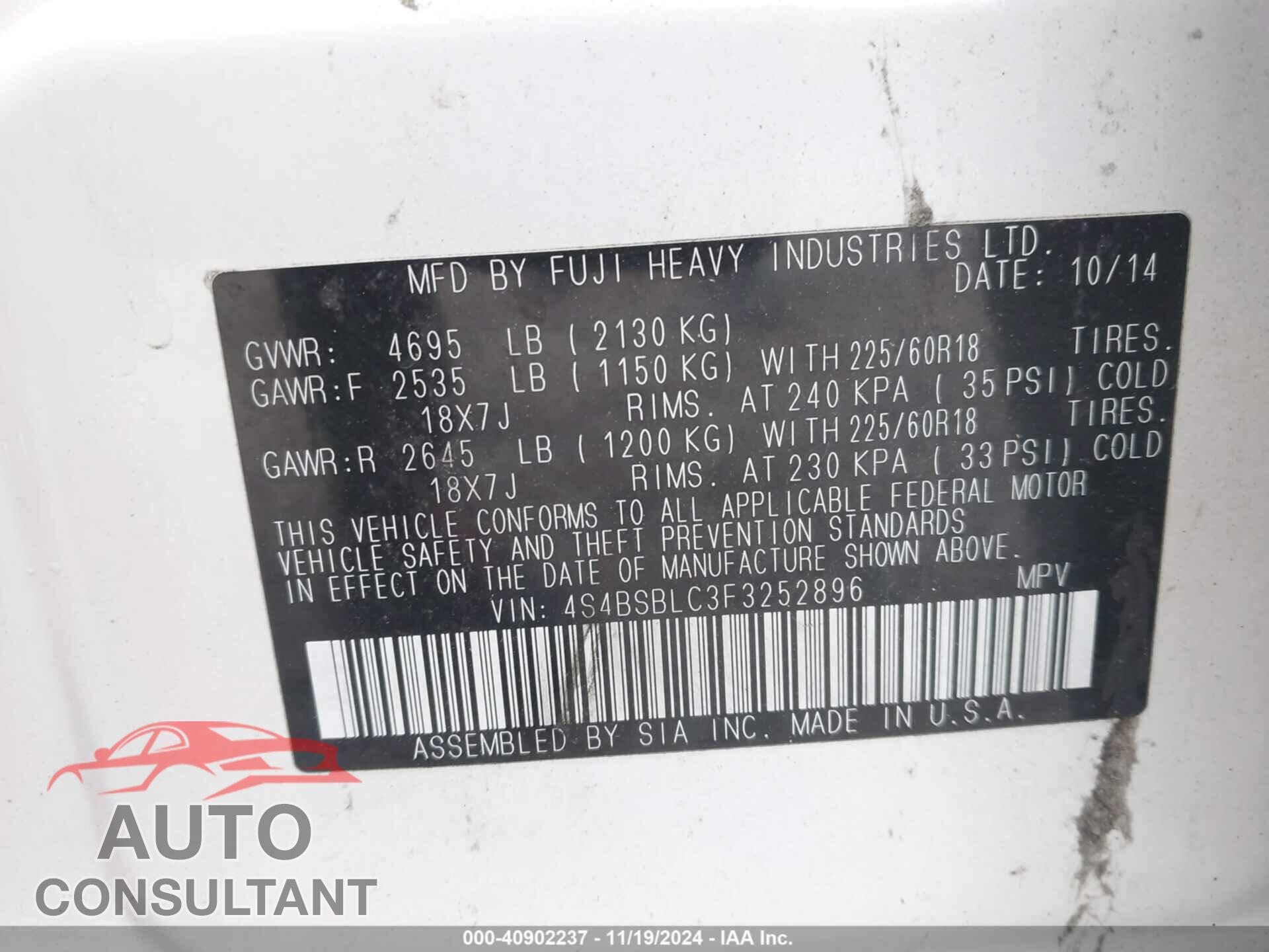 SUBARU OUTBACK 2015 - 4S4BSBLC3F3252896