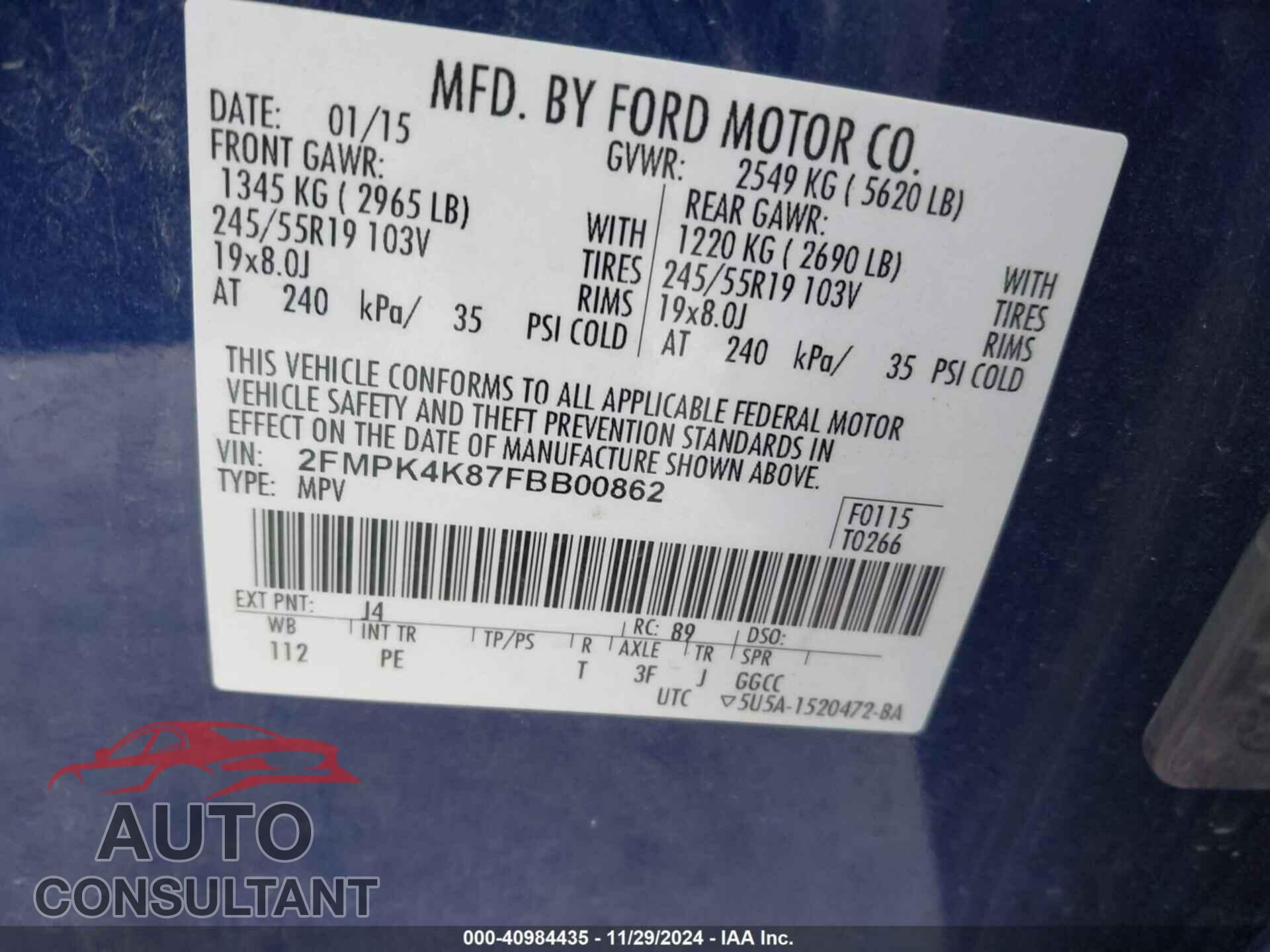 FORD EDGE 2015 - 2FMPK4K87FBB00862