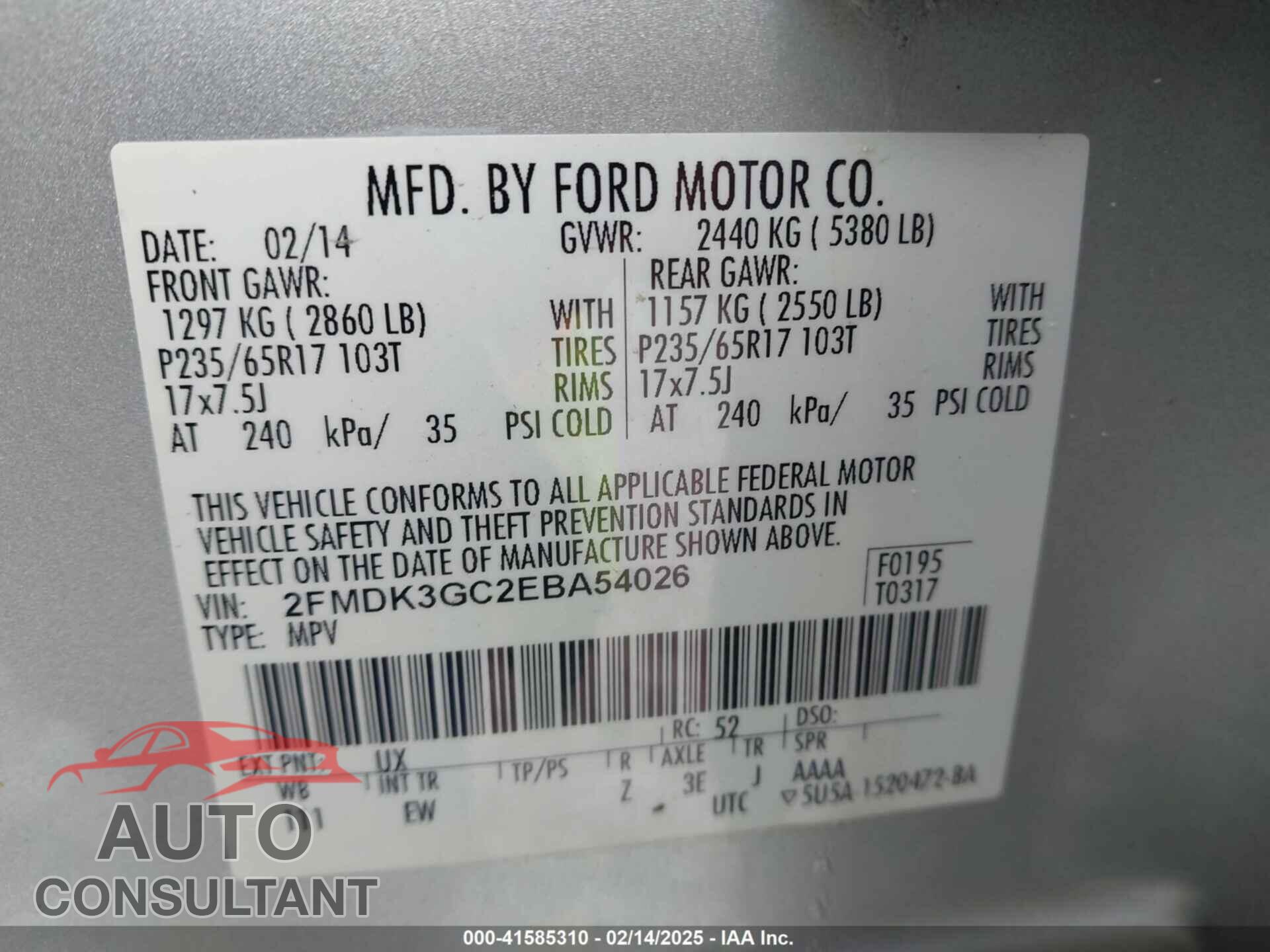 FORD EDGE 2014 - 2FMDK3GC2EBA54026