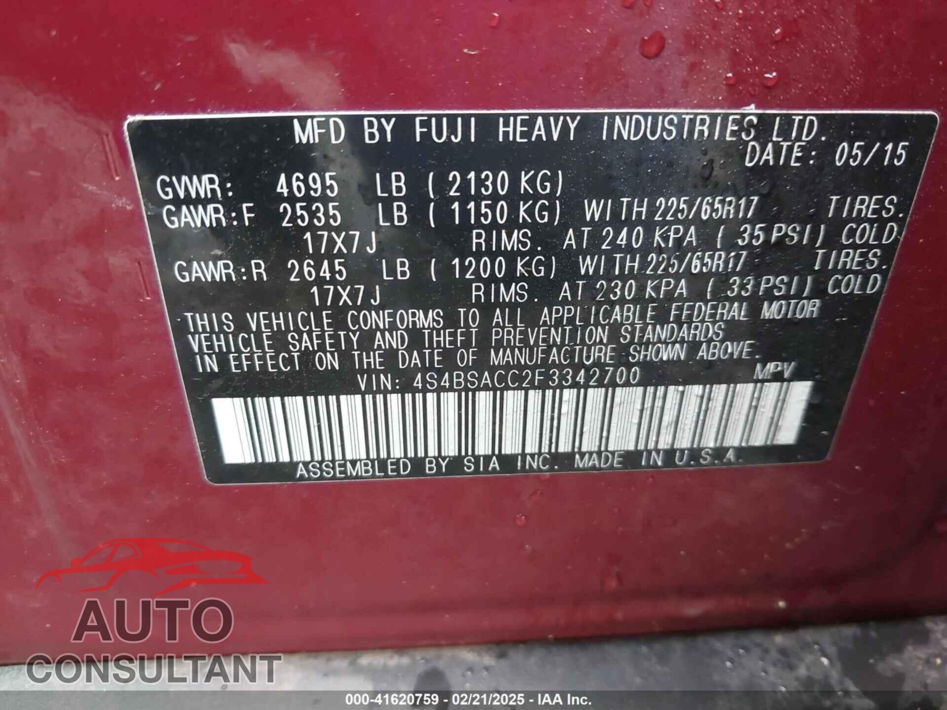 SUBARU OUTBACK 2015 - 4S4BSACC2F3342700