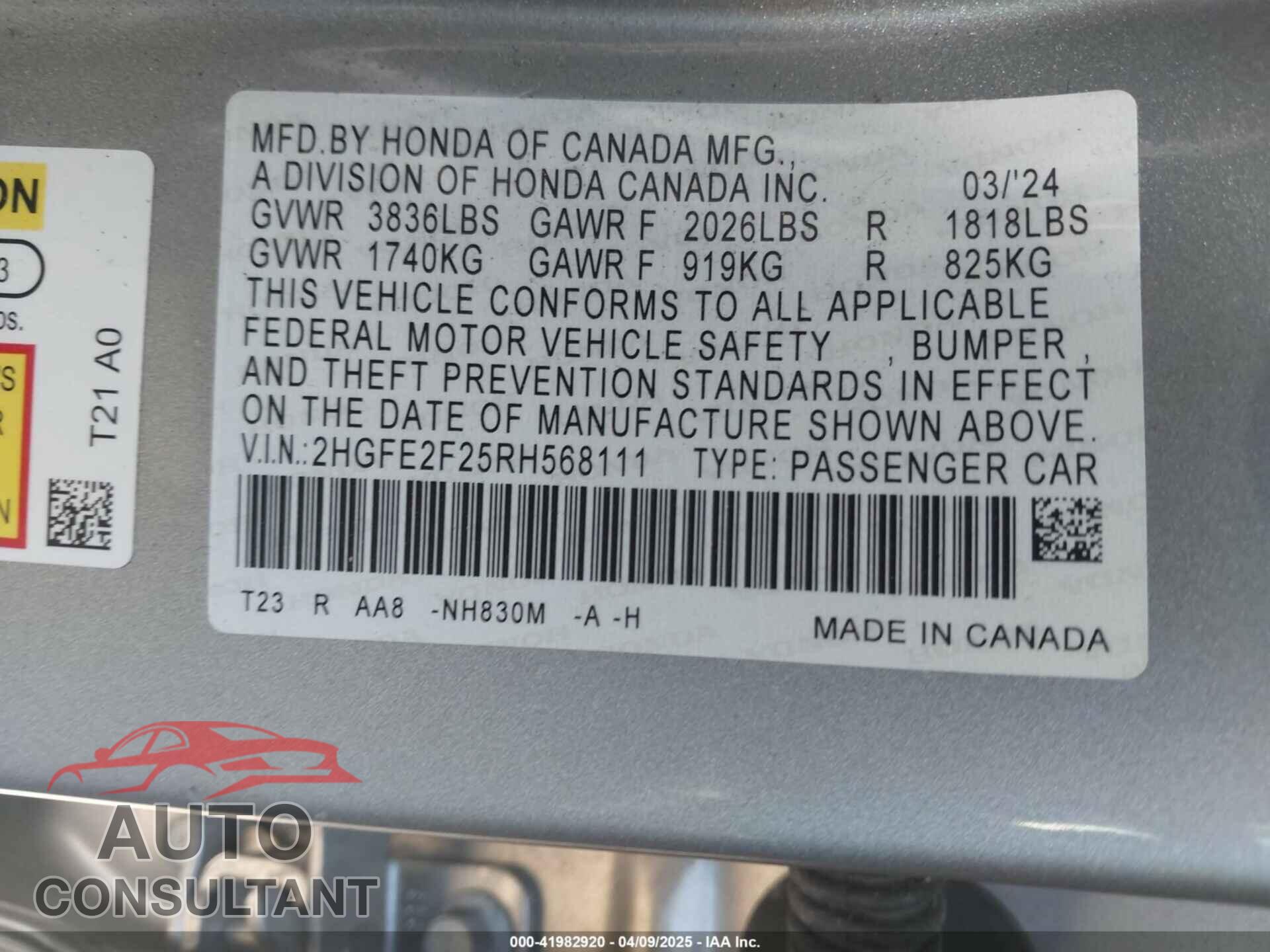 HONDA CIVIC 2024 - 2HGFE2F25RH568111
