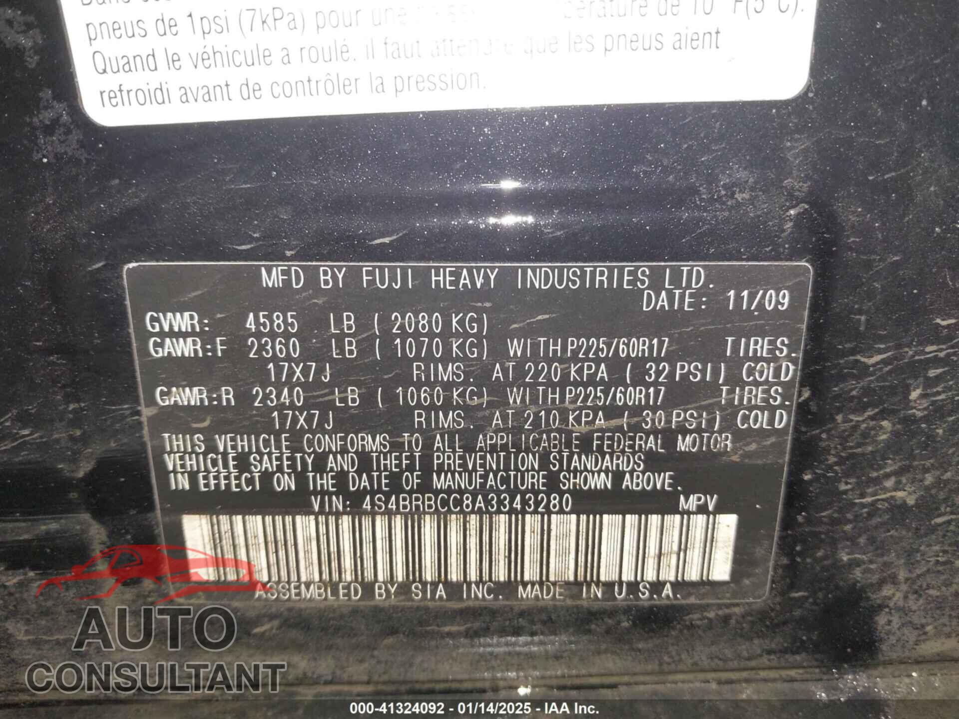 SUBARU OUTBACK 2010 - 4S4BRBCC8A3343280