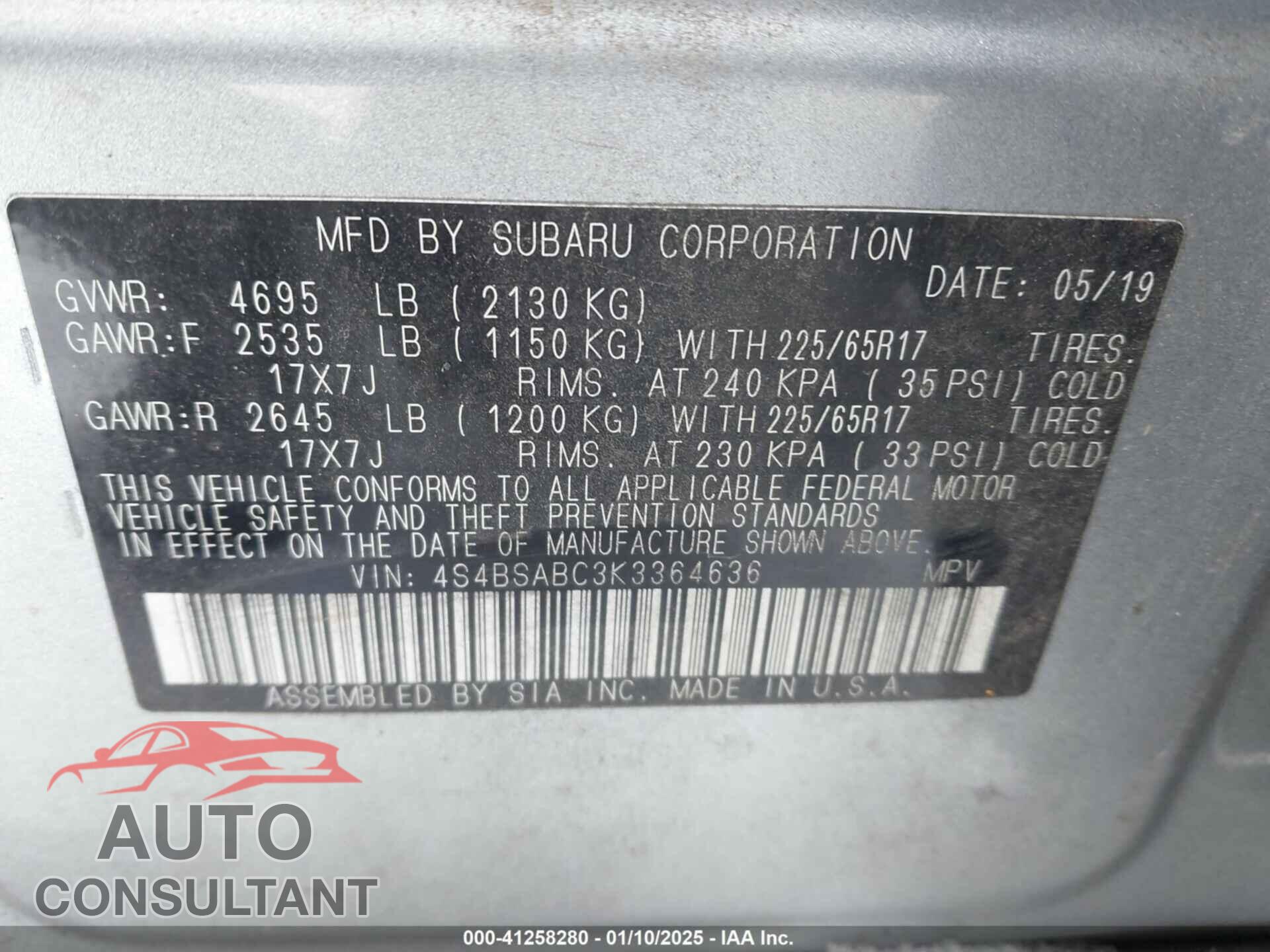 SUBARU OUTBACK 2019 - 4S4BSABC3K3364636