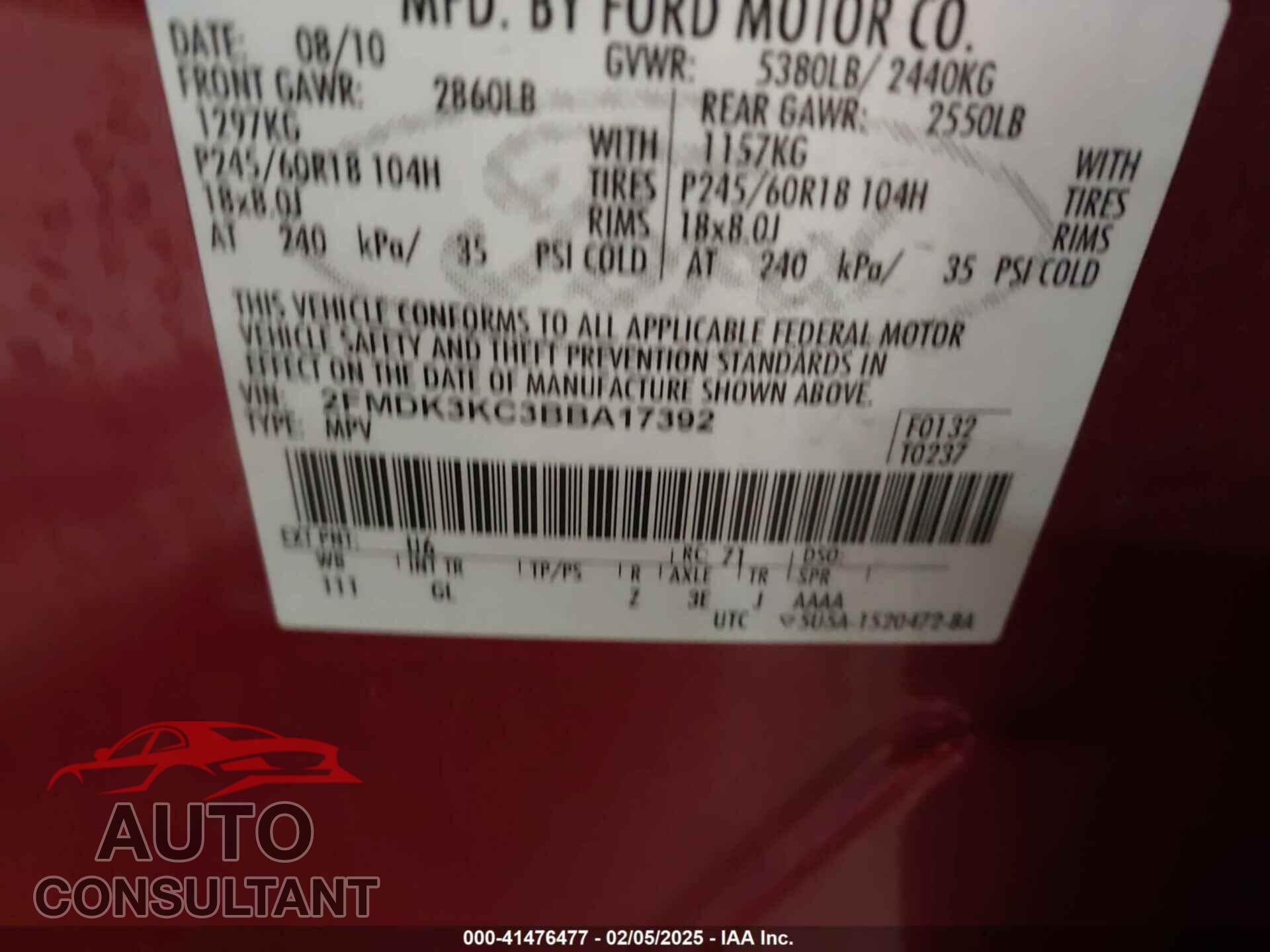 FORD EDGE 2011 - 2FMDK3KC3BBA17392