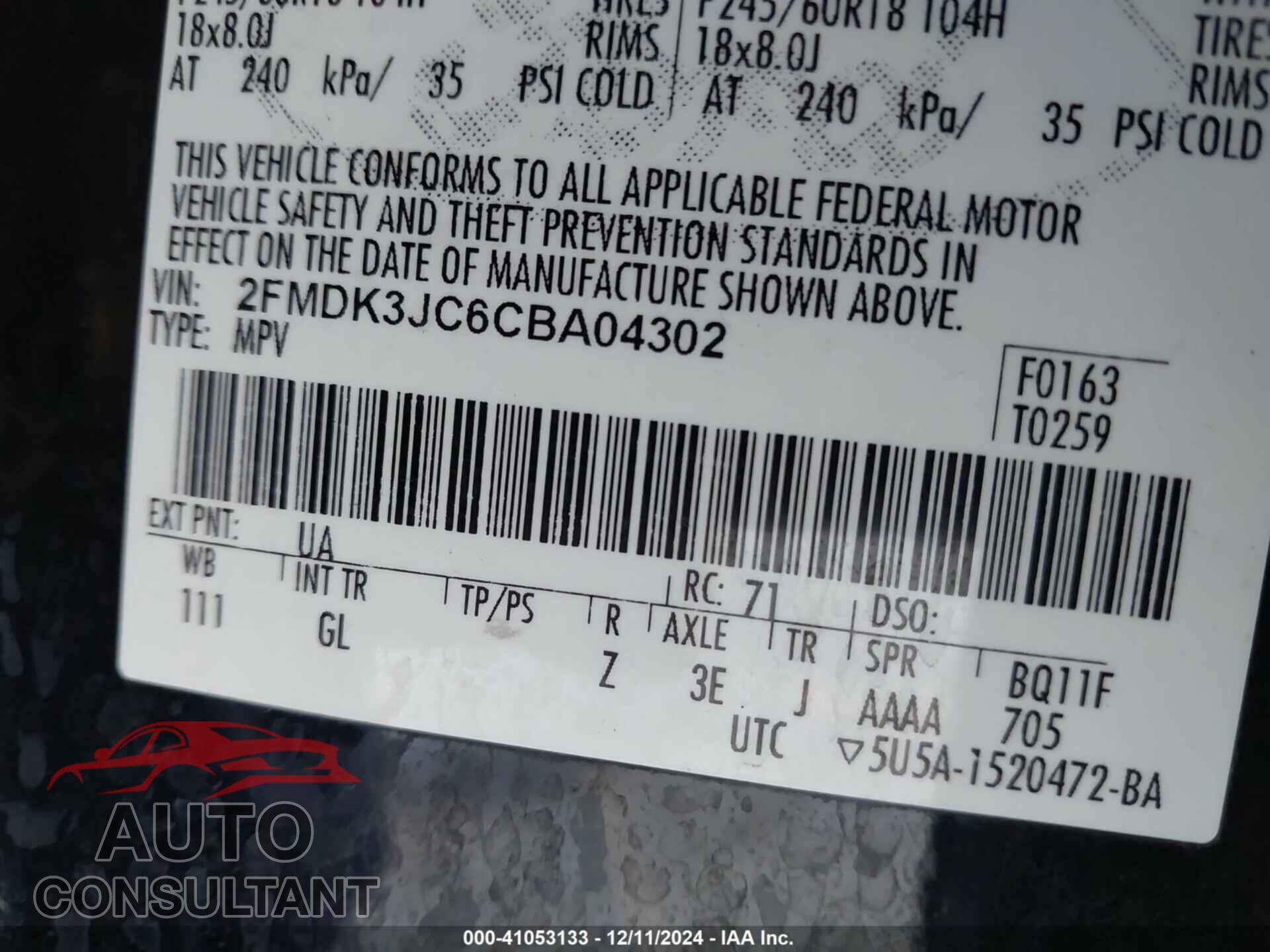 FORD EDGE 2012 - 2FMDK3JC6CBA04302