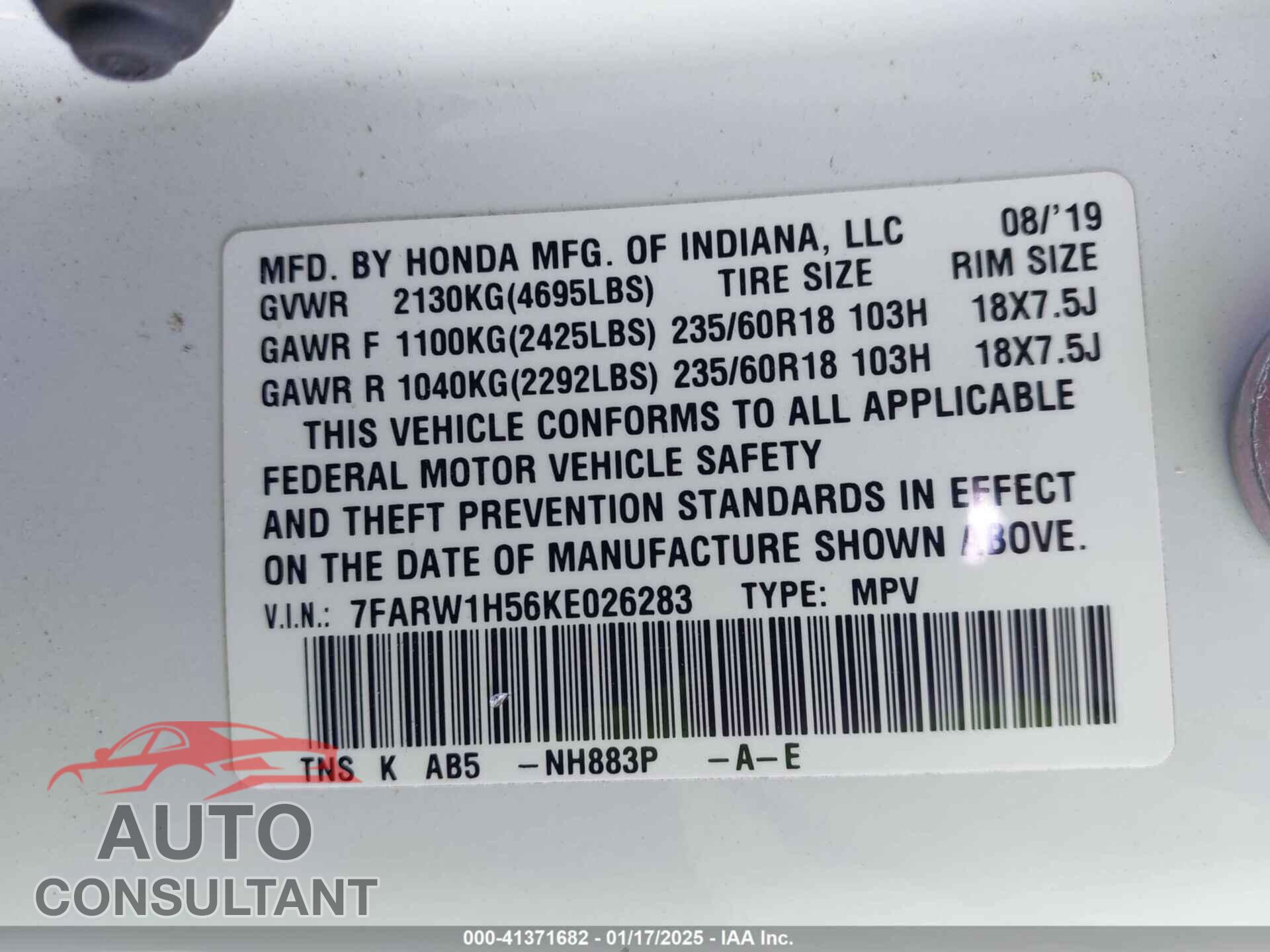 HONDA CR-V 2019 - 7FARW1H56KE026283